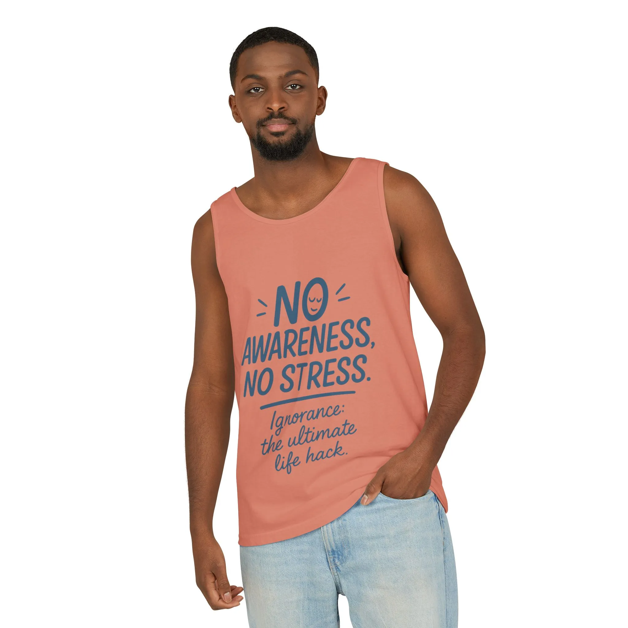 Mens No Awareness Tank Top, Funny No Stress Quote, Ignorance the Ultimate Life Hack, Workout Sleeveless Shirt, Mindfulness Fashion - Image 6