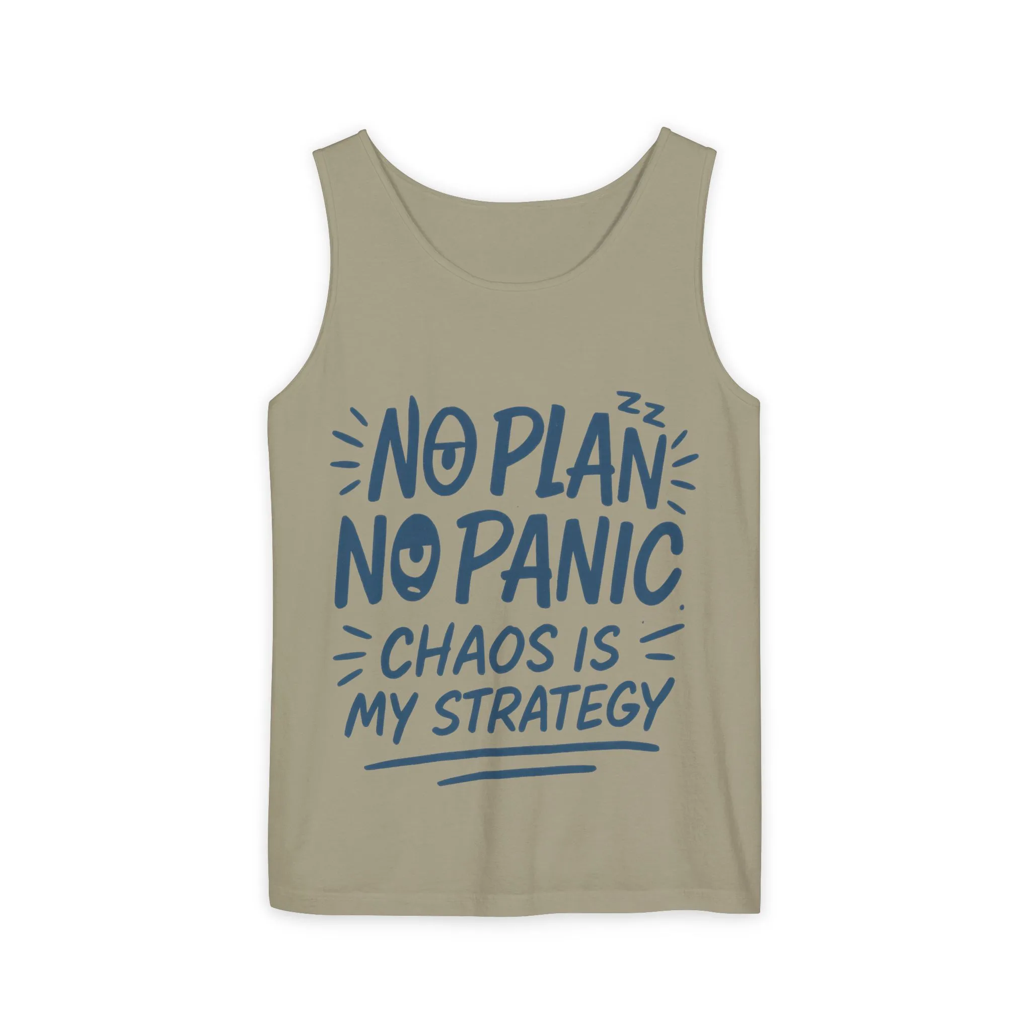 Funny Chaos Quote Mens Tank Top, No Plan No Panic Humor Shirt, Casual Graphic Tee Gift for Him, Relaxed Fit, Workout Gym Humor Shirt - Image 2