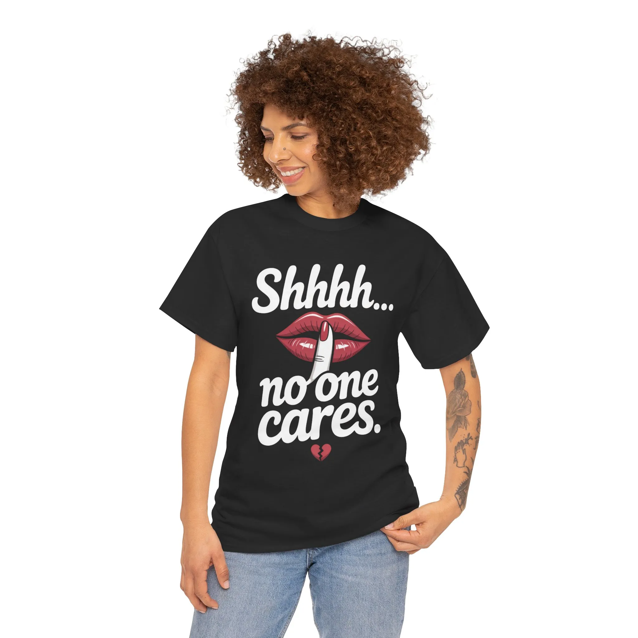 Shhh No One Cares Shirt, Sassy Funny Graphic Tee for Women, Sarcastic Lips Tank Top, Bold Attitude T-Shirt, Tee with Bold Statement Design