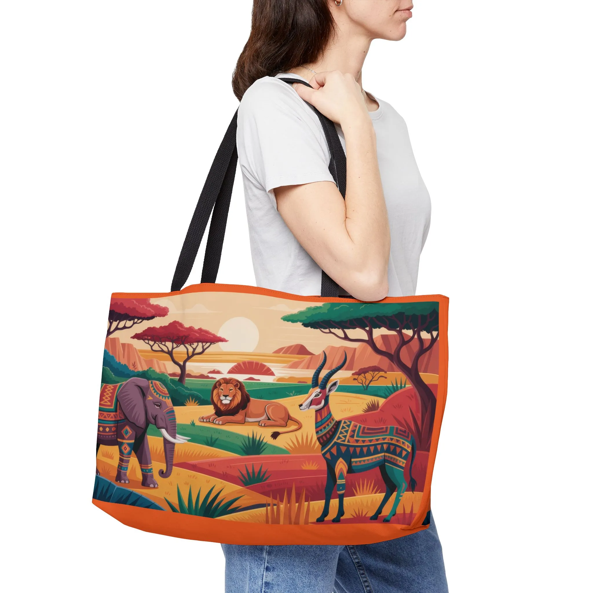 African Safari Weekender Bag, Colorful Savanna Animal Tote, Large Travel Bag with Lion Elephant Gazelle, Boho Gift, Travel, Beach, Picnic, Shopping Bag