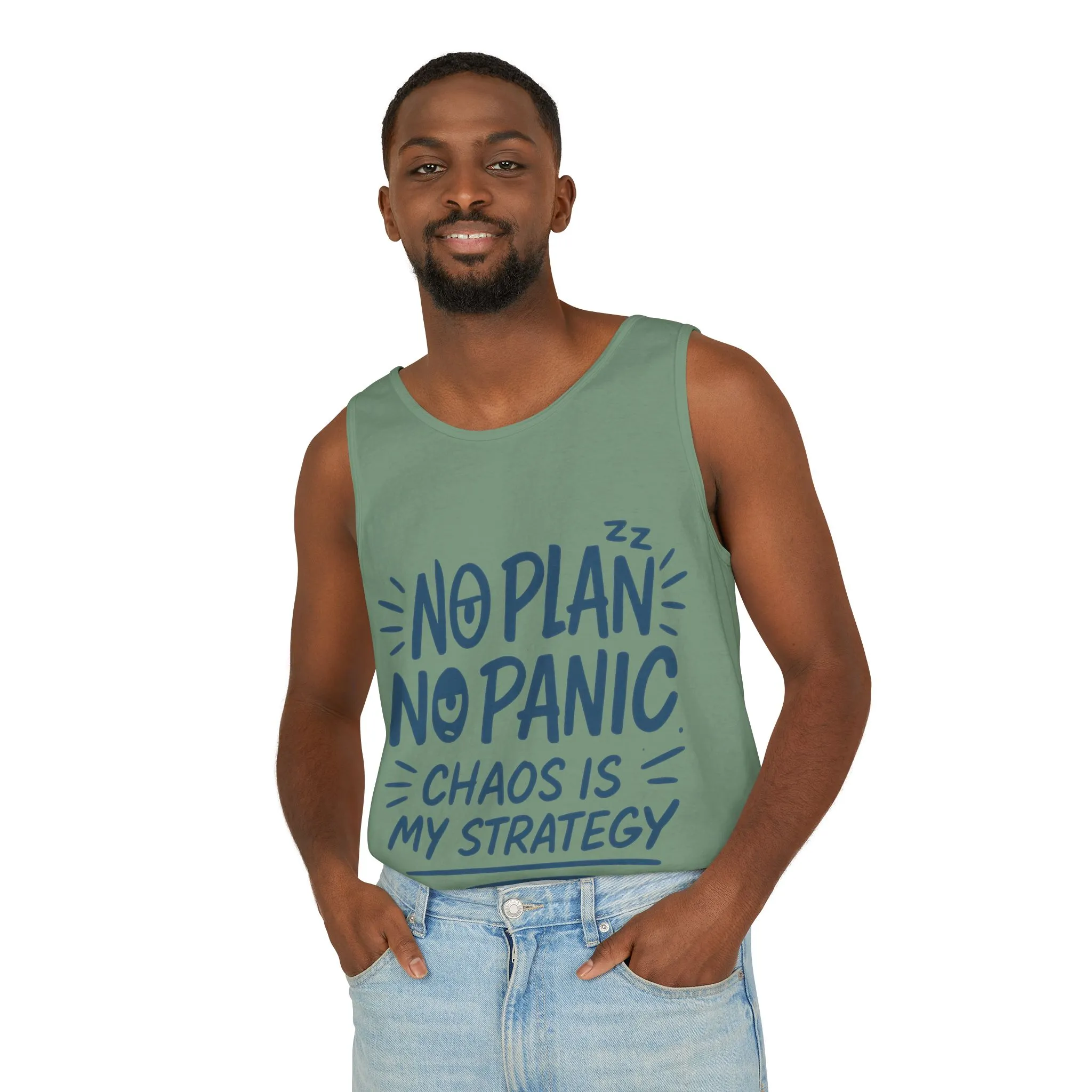 Funny Chaos Quote Mens Tank Top, No Plan No Panic Humor Shirt, Casual Graphic Tee Gift for Him, Relaxed Fit, Workout Gym Humor Shirt - Image 39