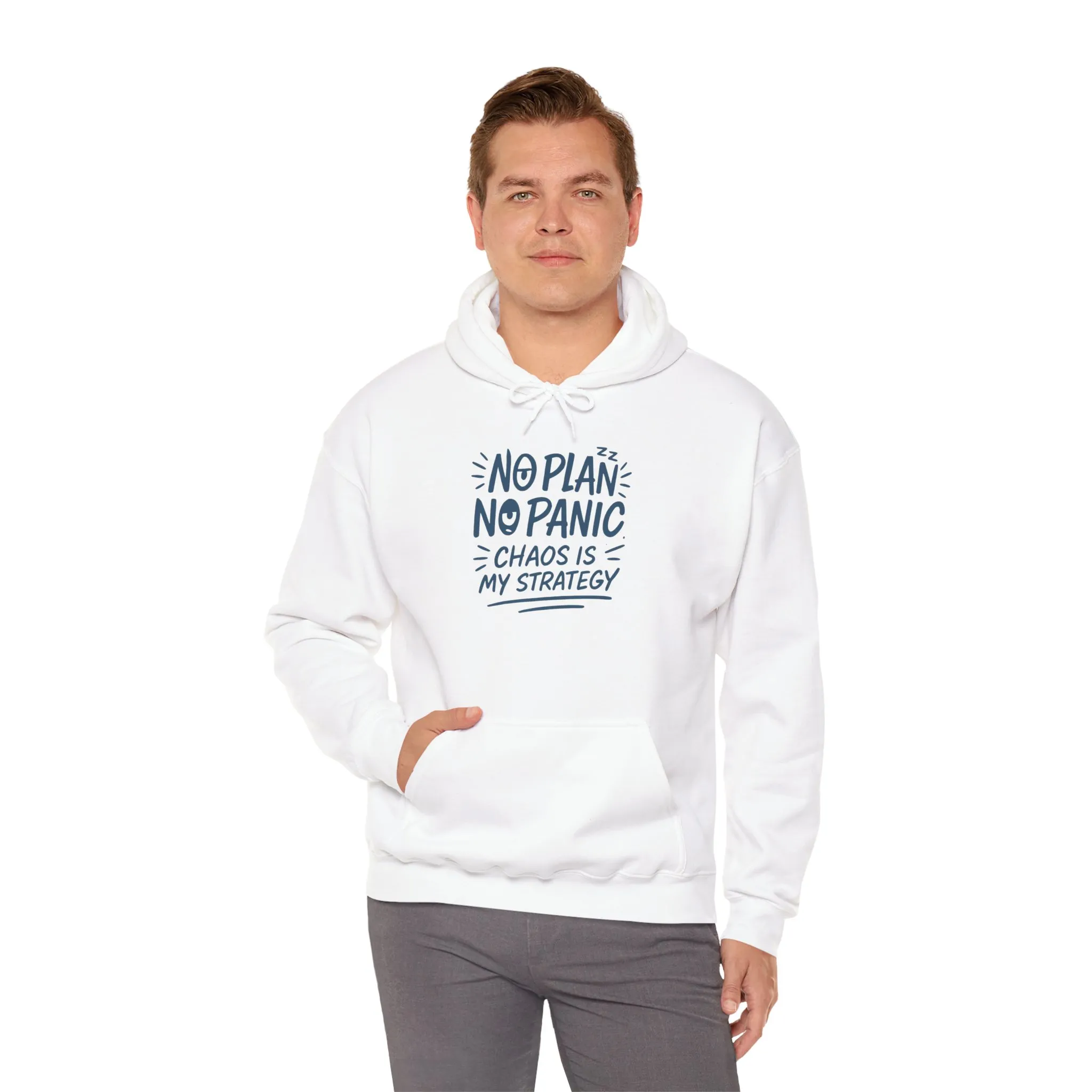 Funny Chaos Strategy Mens Hoodie, No Plan No Panic Quote Hoodie, Cozy Relaxed Fit Pullover, Humorous Gift for Him, Unisex Pullover - Image 8