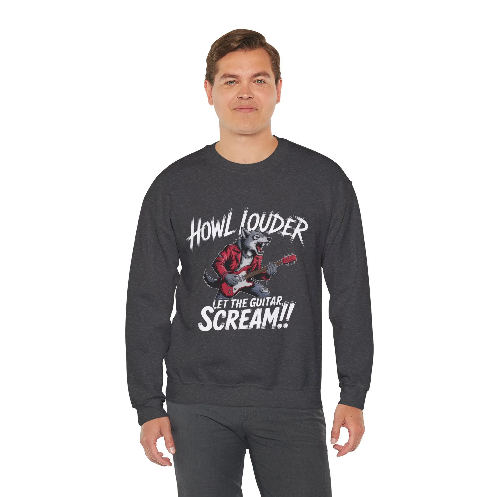 Howl Louder Wolf Sweatshirt, Let The Guitar Scream Pullover, Rock Guitar Animal Hoodie, Rocking Wolf Crewneck Sweatshirt, Music Lover Gift - Image 12