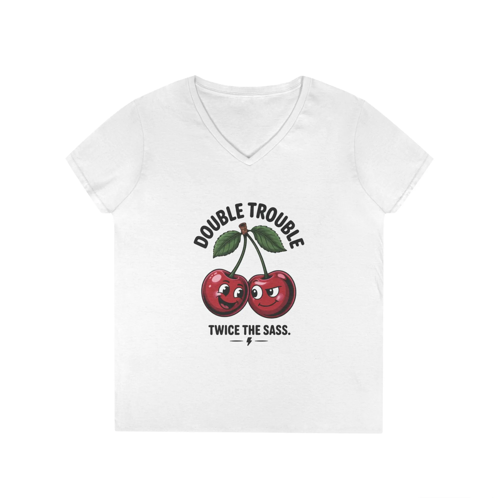 Double Trouble Cherry Ladies V-Neck T-Shirt, Funny Cute Womens T-Shirt, Twice the Sass Quote Shirt, Sassy Cherry Cartoon Gift - Image 2