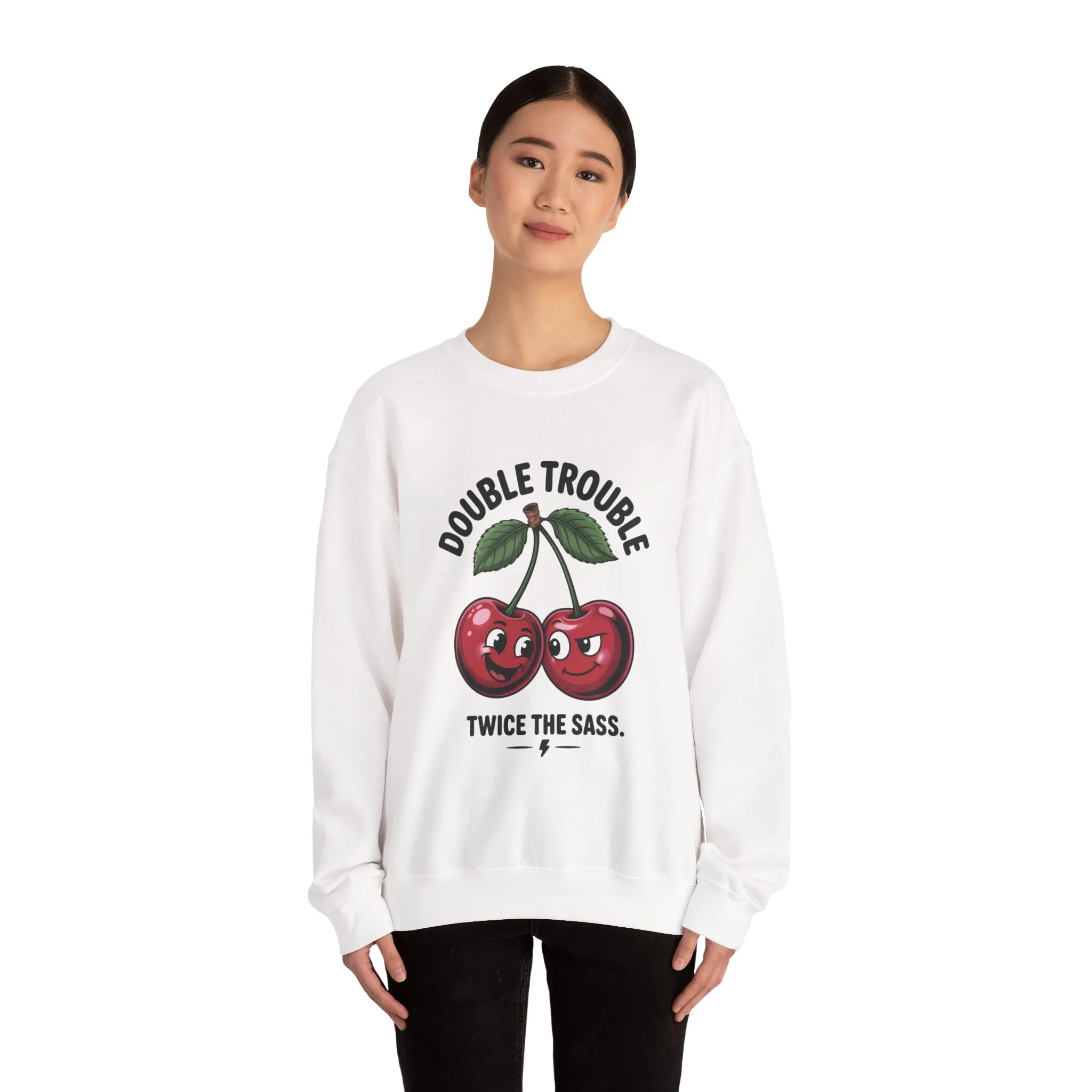 Double Trouble Cherry Sweatshirt, Cute Funny Womens Pullover, Twice The Sass Fruit Graphic Sweater, Playful Red Cherry Crewneck - Image 2