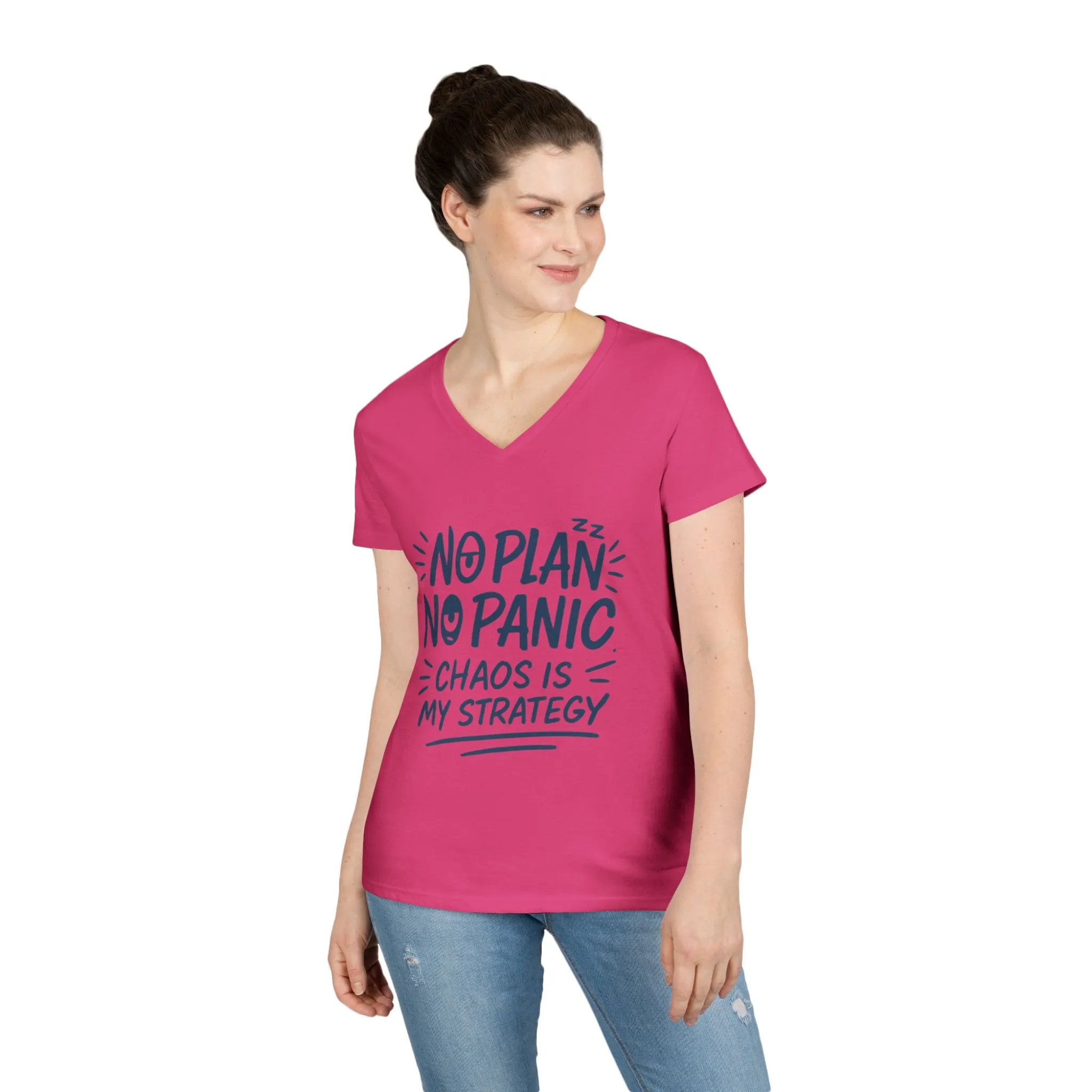 Ladies' V-Neck T-Shirt - "No Plan No Panic" Casual Tee, Everyday Wear, Gift for Friends, Relaxed Style, Funny Motivational Top - Image 16