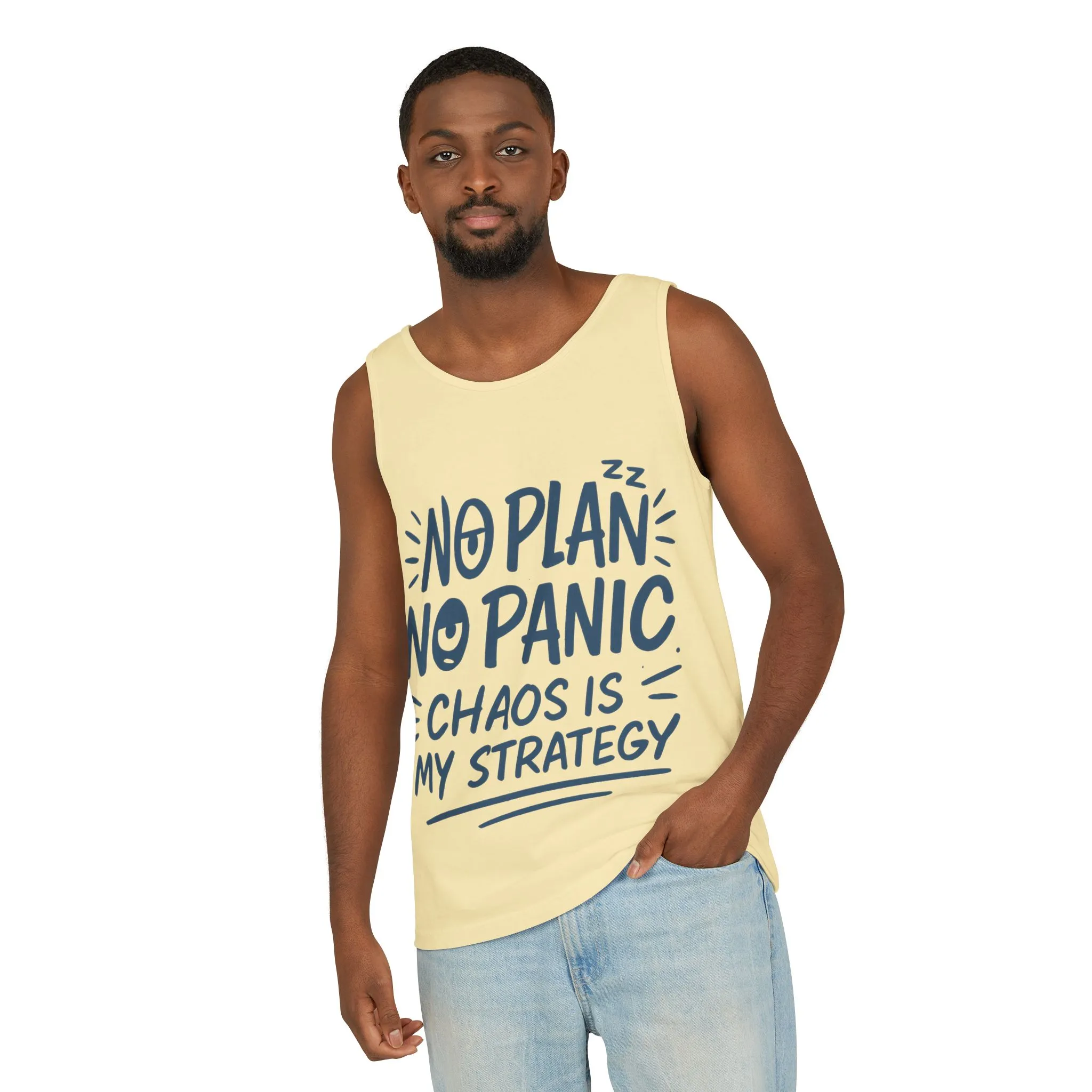 Funny Chaos Quote Mens Tank Top, No Plan No Panic Humor Shirt, Casual Graphic Tee Gift for Him, Relaxed Fit, Workout Gym Humor Shirt - Image 32