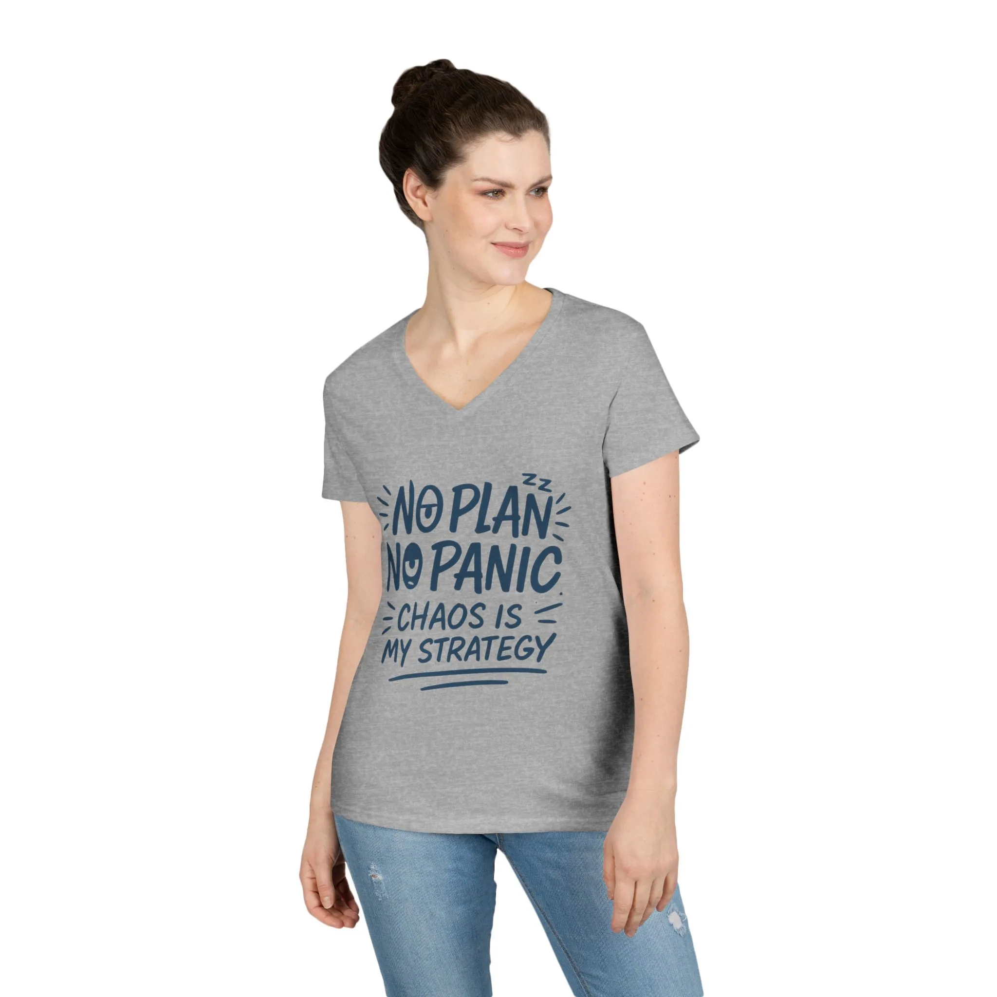 Ladies' V-Neck T-Shirt - "No Plan No Panic" Casual Tee, Everyday Wear, Gift for Friends, Relaxed Style, Funny Motivational Top - Image 6