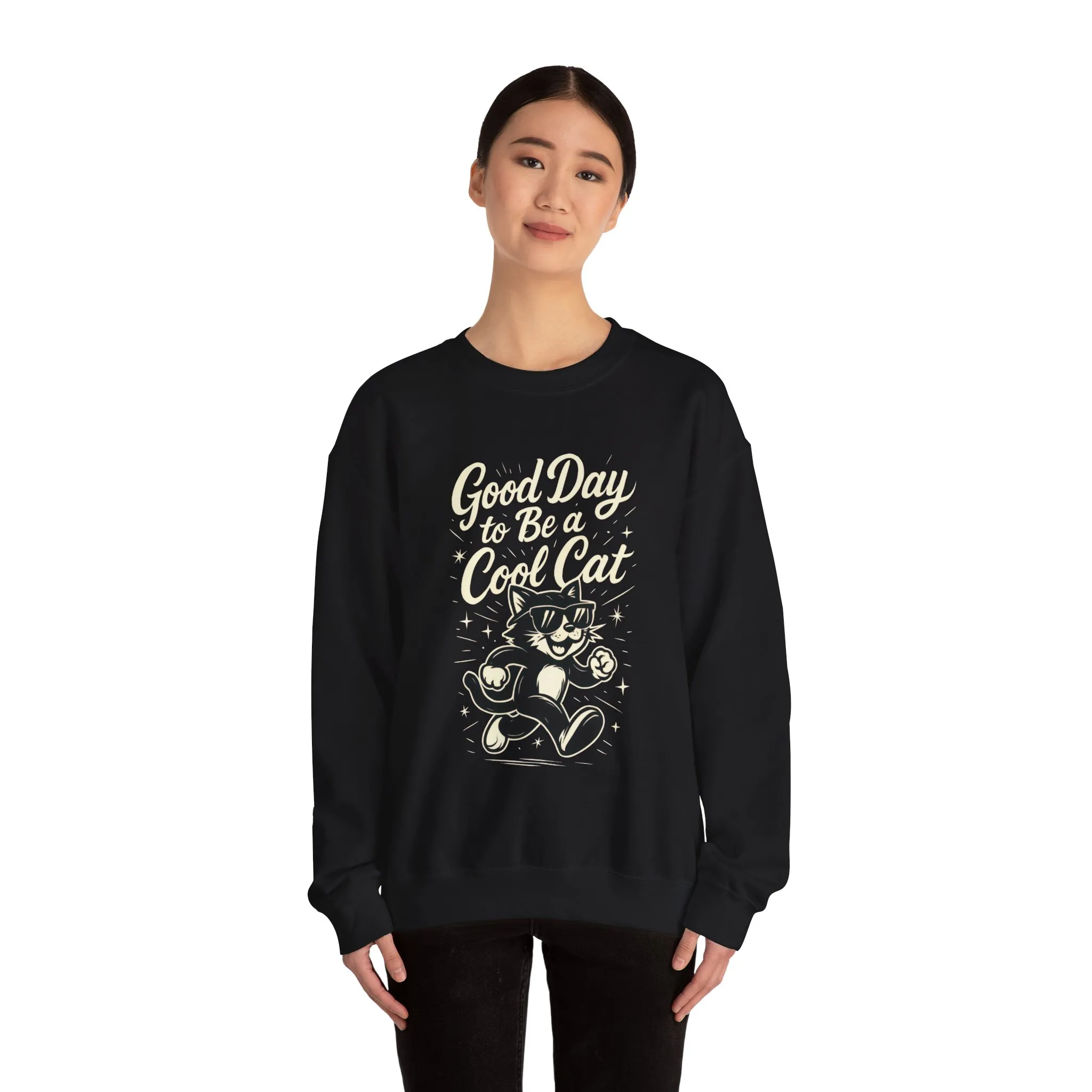 Funny Cool Cat Womens Crewneck Sweatshirt - Good Day to Be a Cool Cat Retro Kitty Pullover - Cute Cat Lover Sweater - Image 5