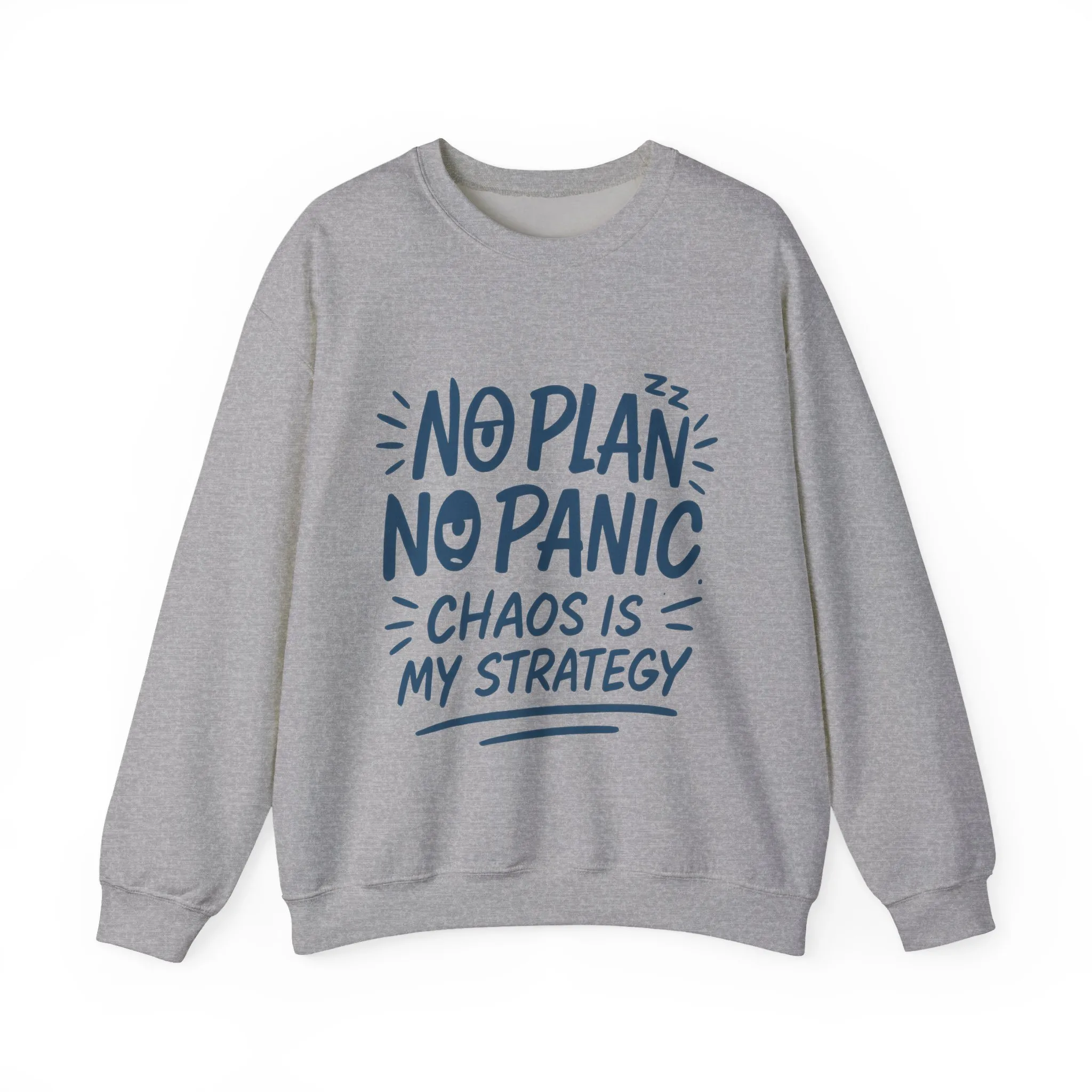 Funny Women's Crewneck Sweatshirt, Chaos Strategy Sweatshirt, No Plan No Panic, Cute Winter Layering for Women, Humorous Gift Idea - Image 2