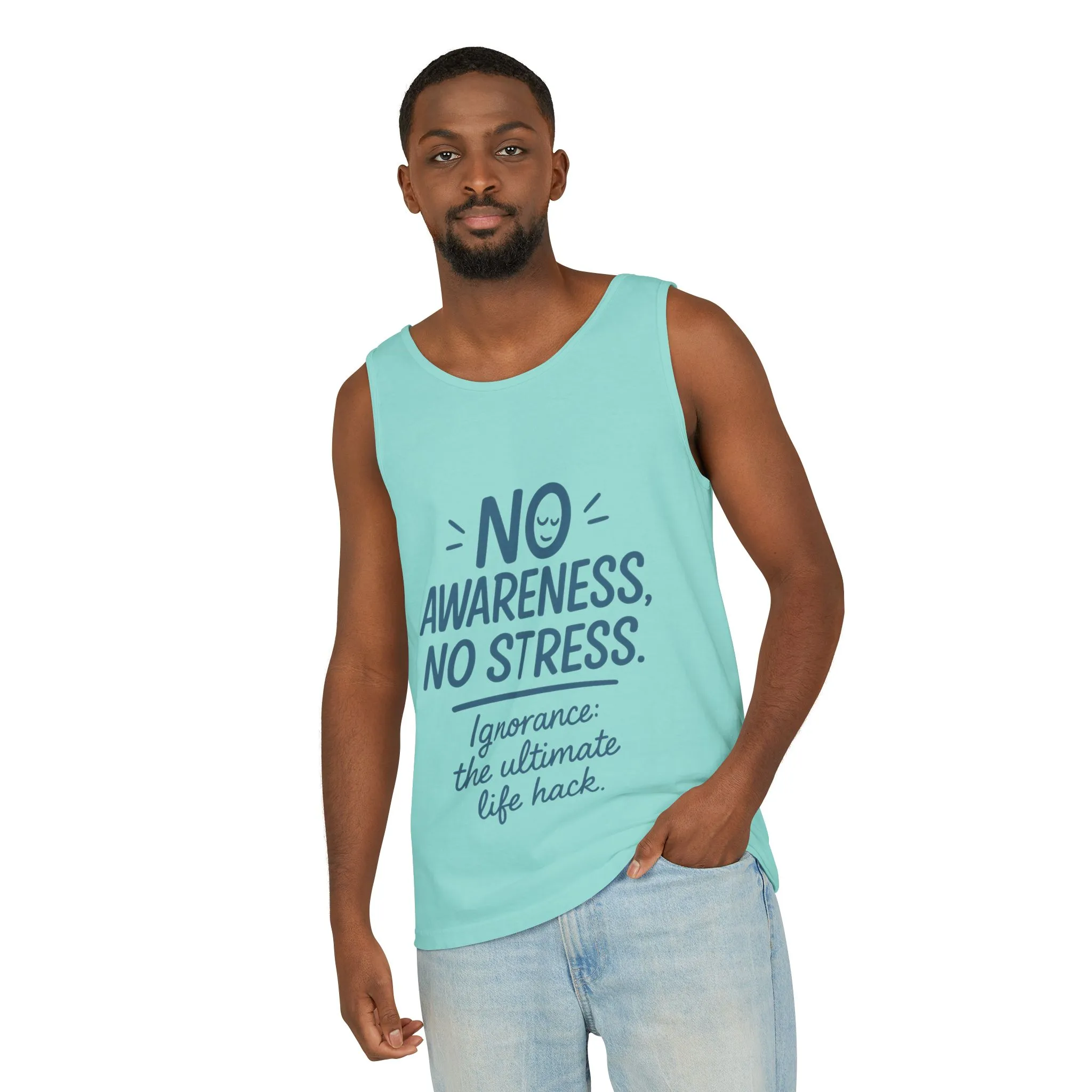 Mens No Awareness Tank Top, Funny No Stress Quote, Ignorance the Ultimate Life Hack, Workout Sleeveless Shirt, Mindfulness Fashion - Image 12