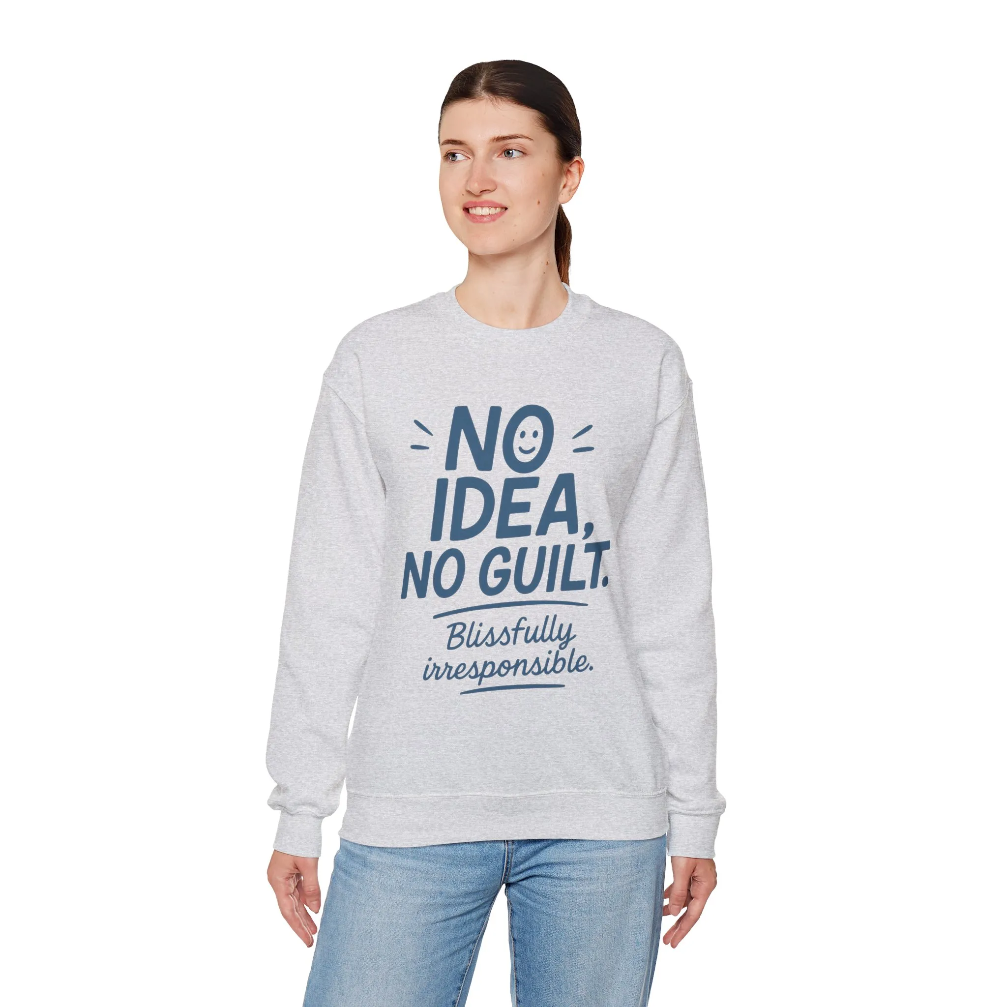 Funny Womens Sweatshirt, No Idea No Guilt Quote, Blissfully Irresponsible Cozy Pullover, Relaxed Fit Gift for Her, Gift for Friends - Image 9