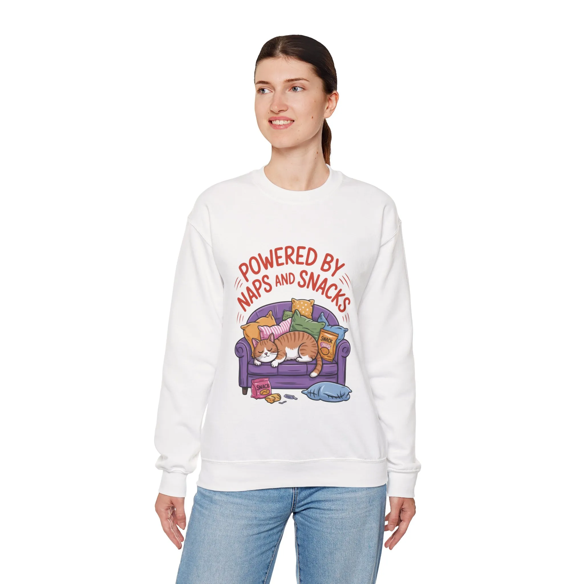 Powered by Naps and Snacks Sweatshirt, Cozy Lounge Crewneck, Gifts for Cat Lovers, Funny Cat Sweatshirt, Casual Everyday Wear - Image 6
