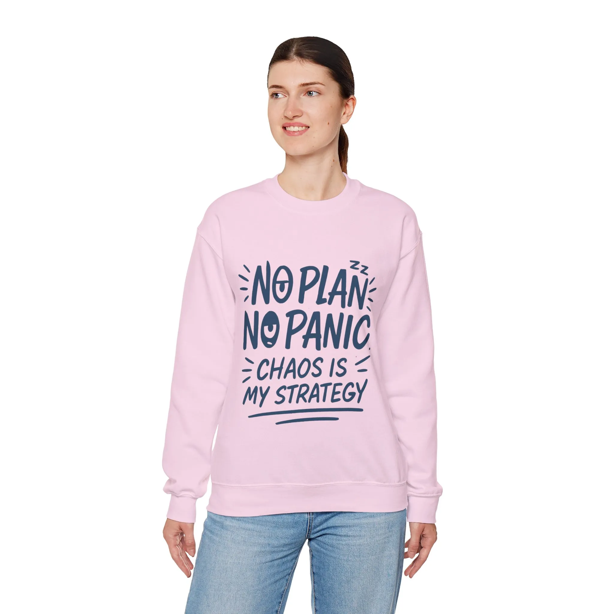 Funny Women's Crewneck Sweatshirt, Chaos Strategy Sweatshirt, No Plan No Panic, Cute Winter Layering for Women, Humorous Gift Idea - Image 24