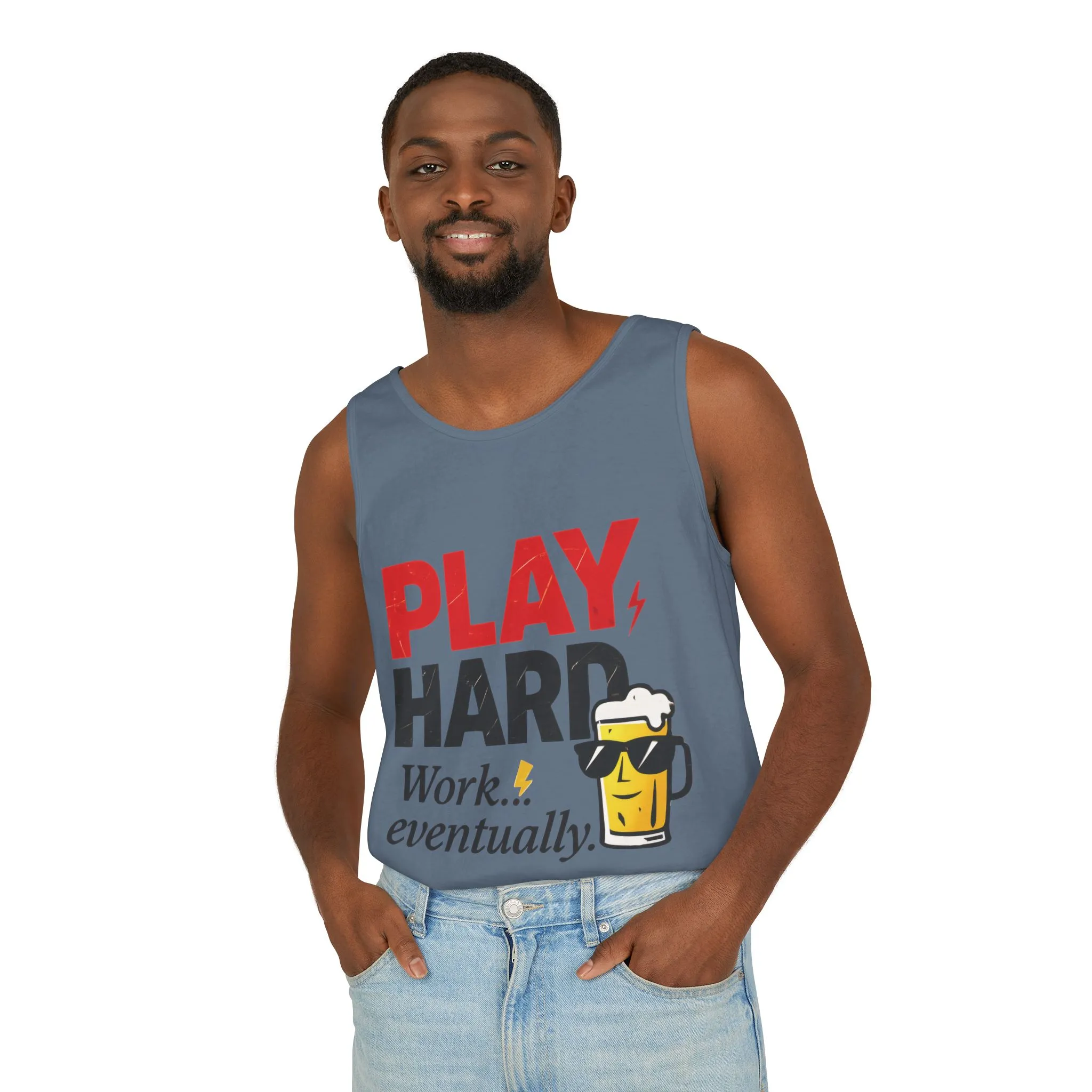 Casual Tank Top with Play Hard Print, Fun Summer Apparel, Gift for Dad or Friends, Beach Wear, Workout Top, Party Attire - Image 21