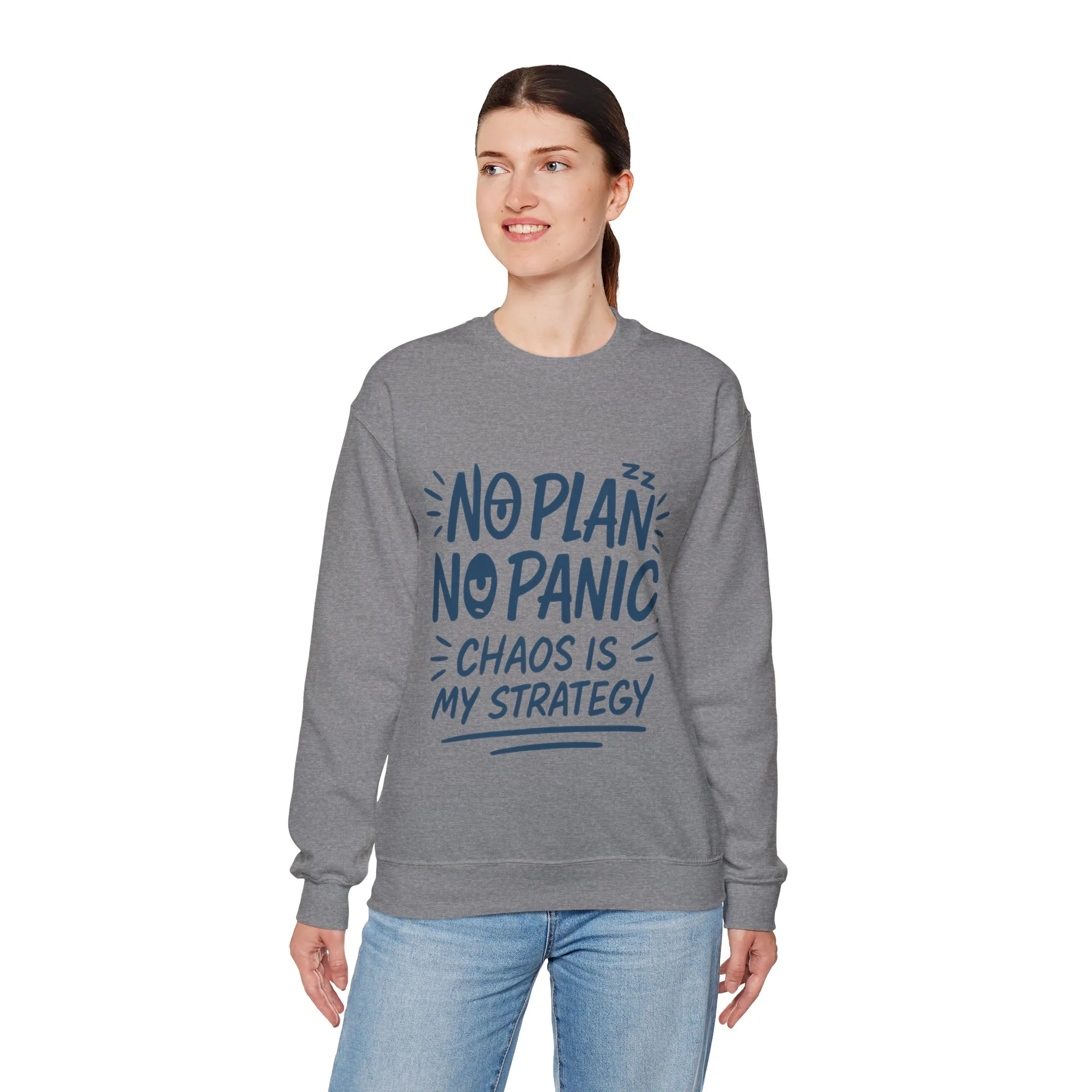 Funny Women's Crewneck Sweatshirt, Chaos Strategy Sweatshirt, No Plan No Panic, Cute Winter Layering for Women, Humorous Gift Idea - Image 12