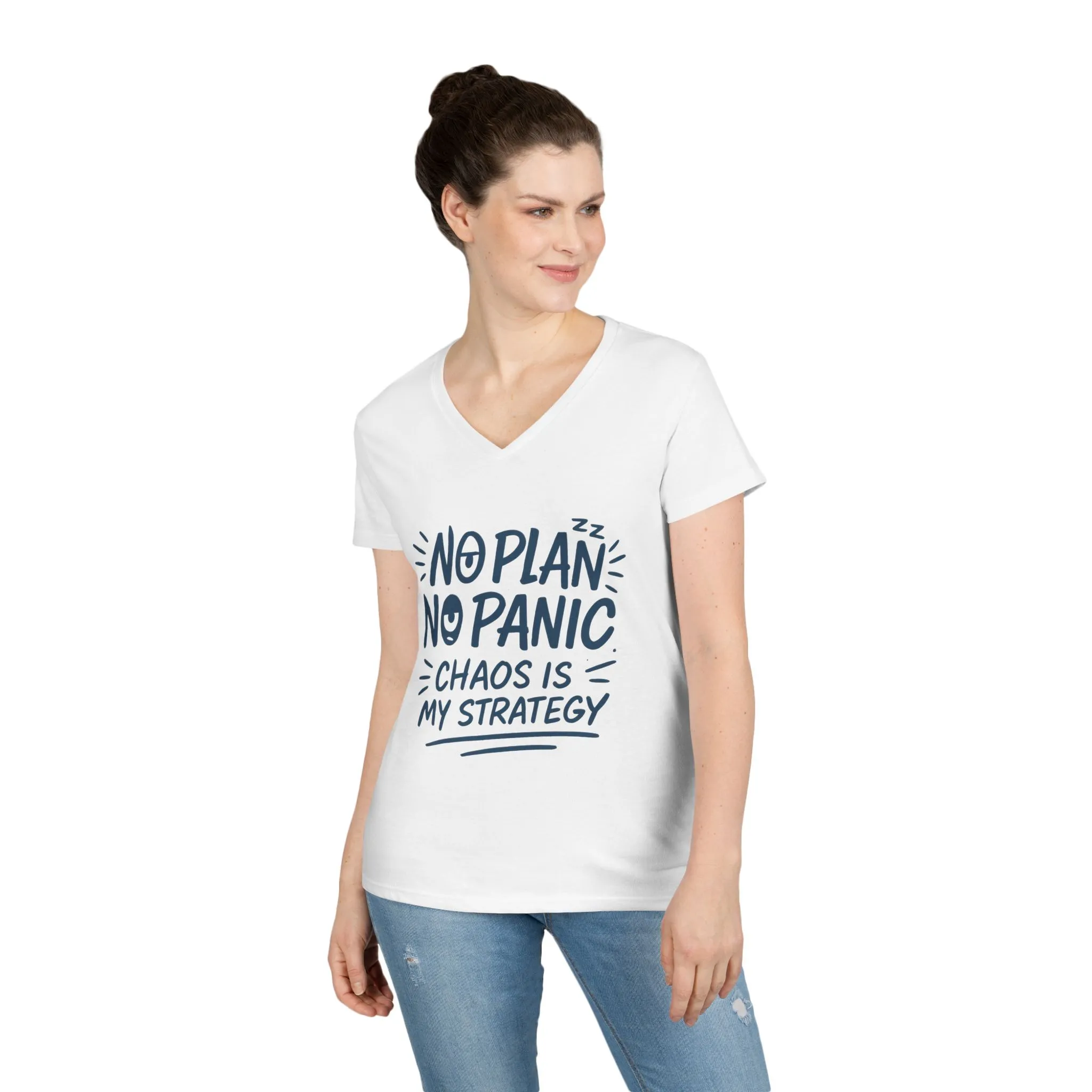 Ladies' V-Neck T-Shirt - "No Plan No Panic" Casual Tee, Everyday Wear, Gift for Friends, Relaxed Style, Funny Motivational Top - Image 4