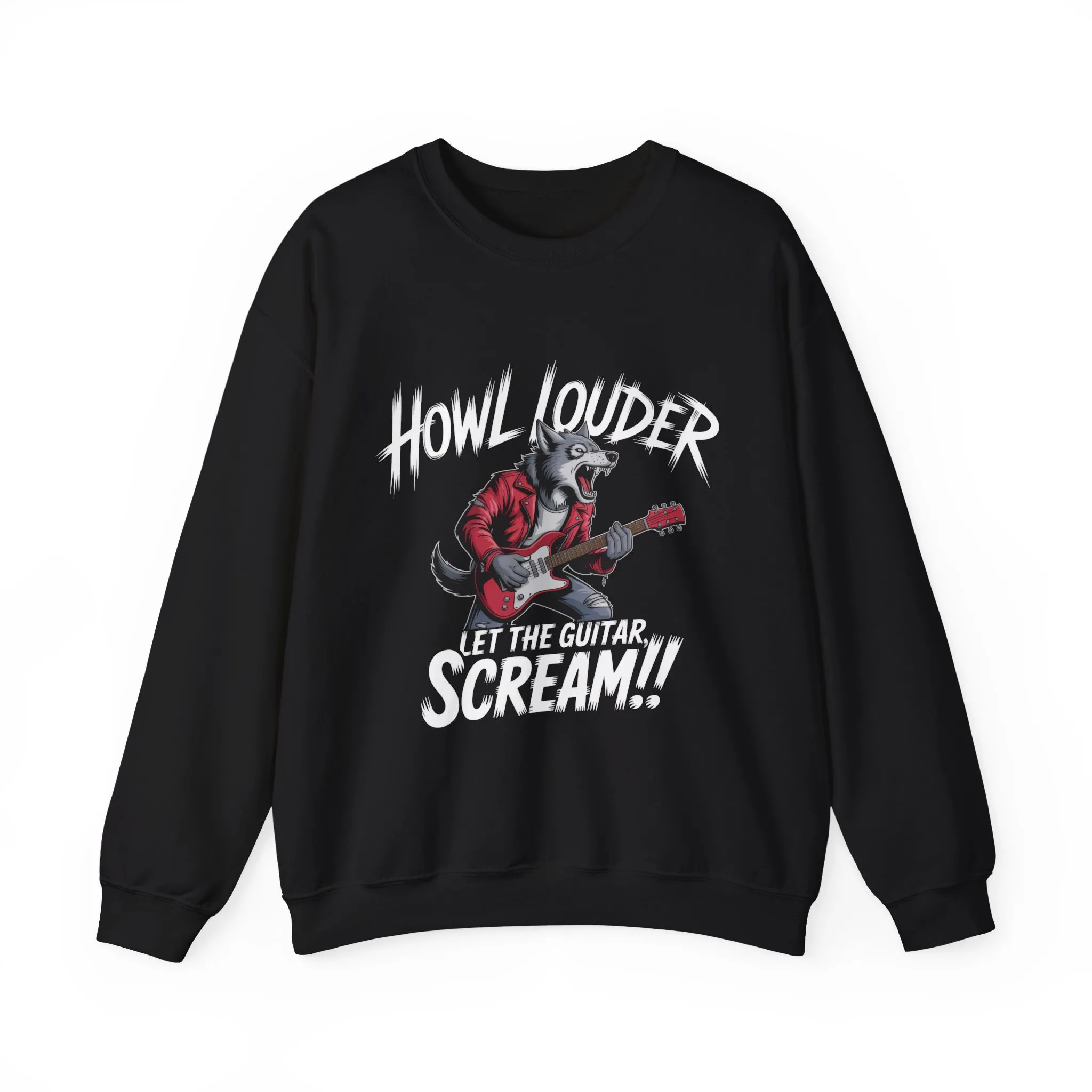 Howl Louder Wolf Sweatshirt, Let The Guitar Scream Pullover, Rock Guitar Animal Hoodie, Rocking Wolf Crewneck Sweatshirt, Music Lover Gift - Image 2
