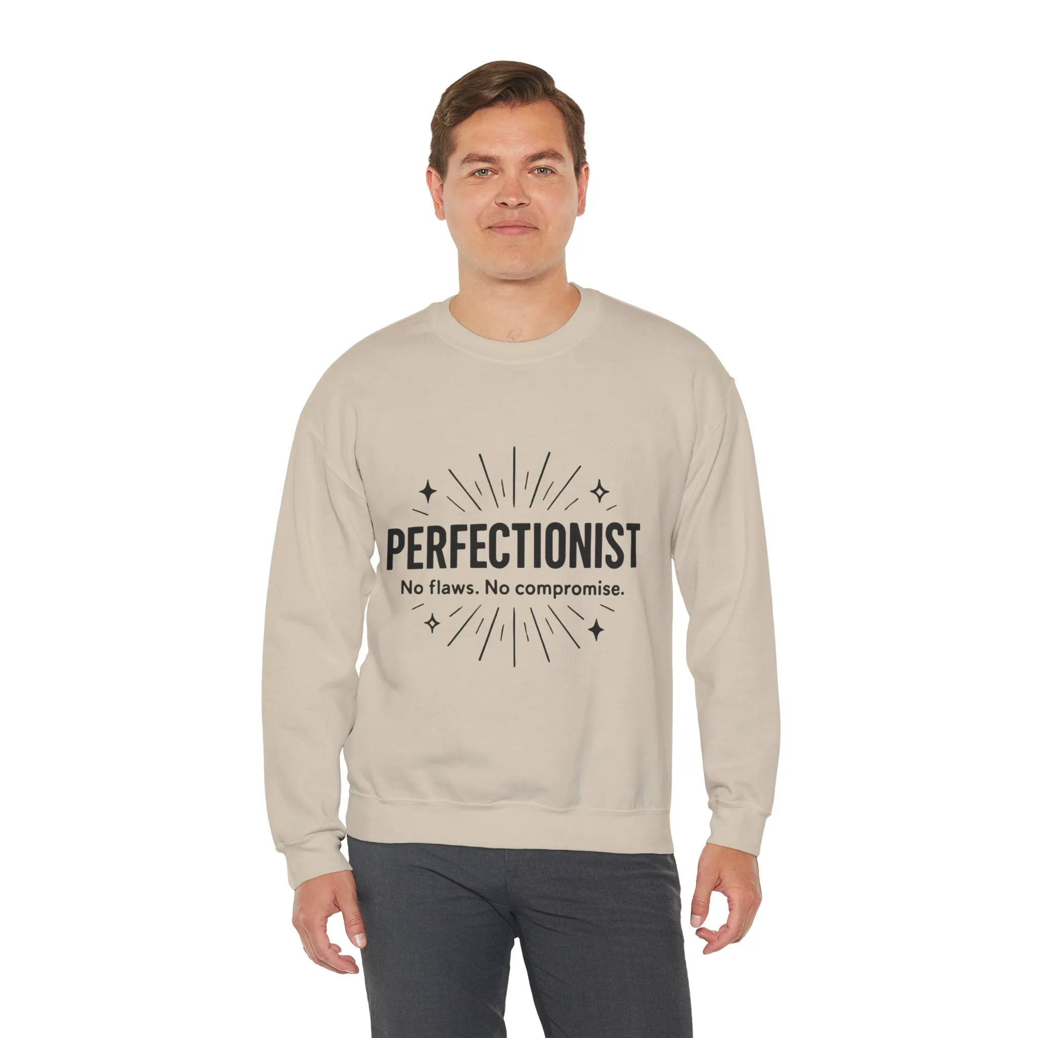 Men's Perfectionist Sweatshirt, Bold No Flaws No Compromise Design, Clean Look Funny Gift for Him, Minimal Black Graphic Pullover - Image 9