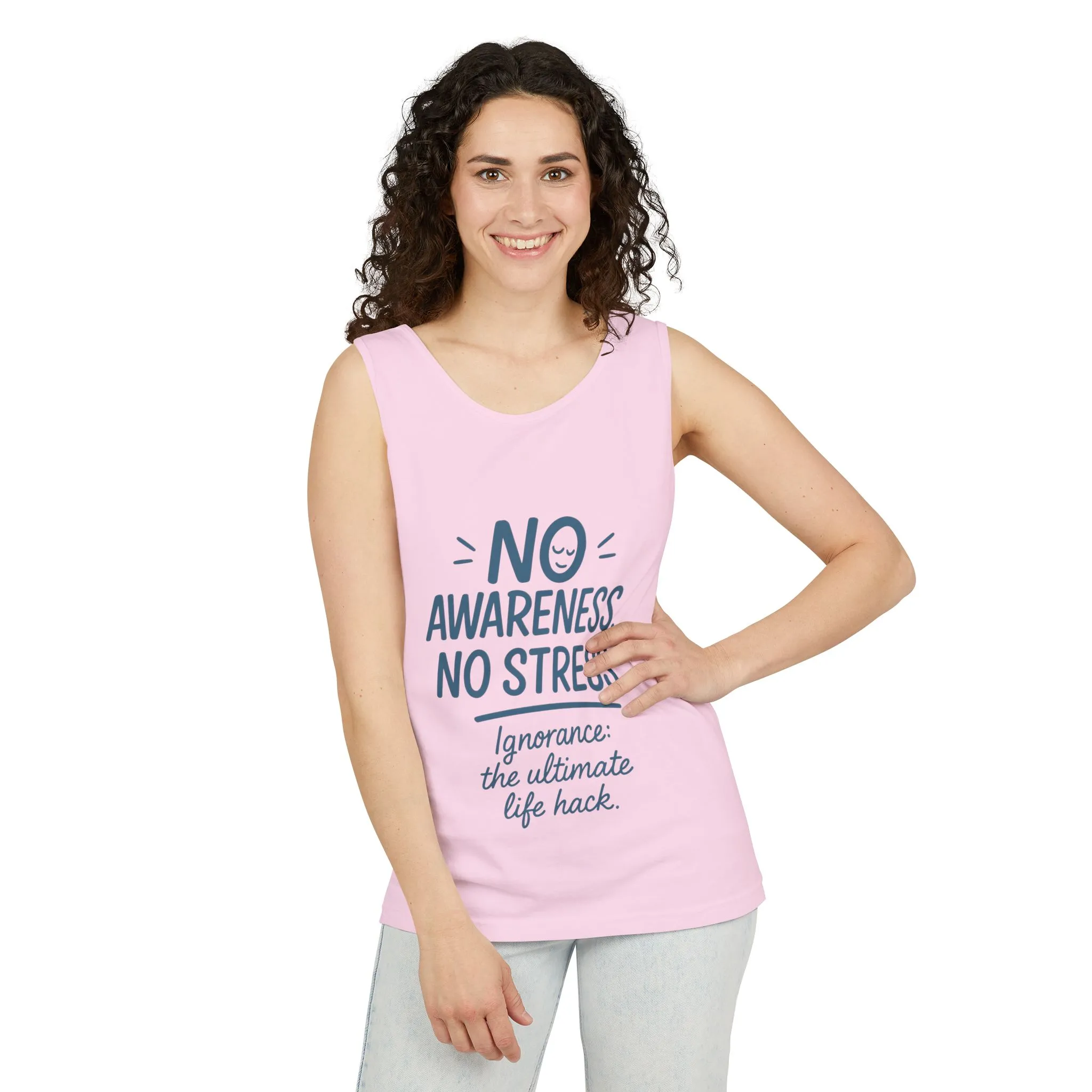 Womens No Awareness Racerback Tank Top, Funny No Stress Quote, Ignorance Life Hack, Workout Sleeveless Shirt, Motivational Shirt, Yoga