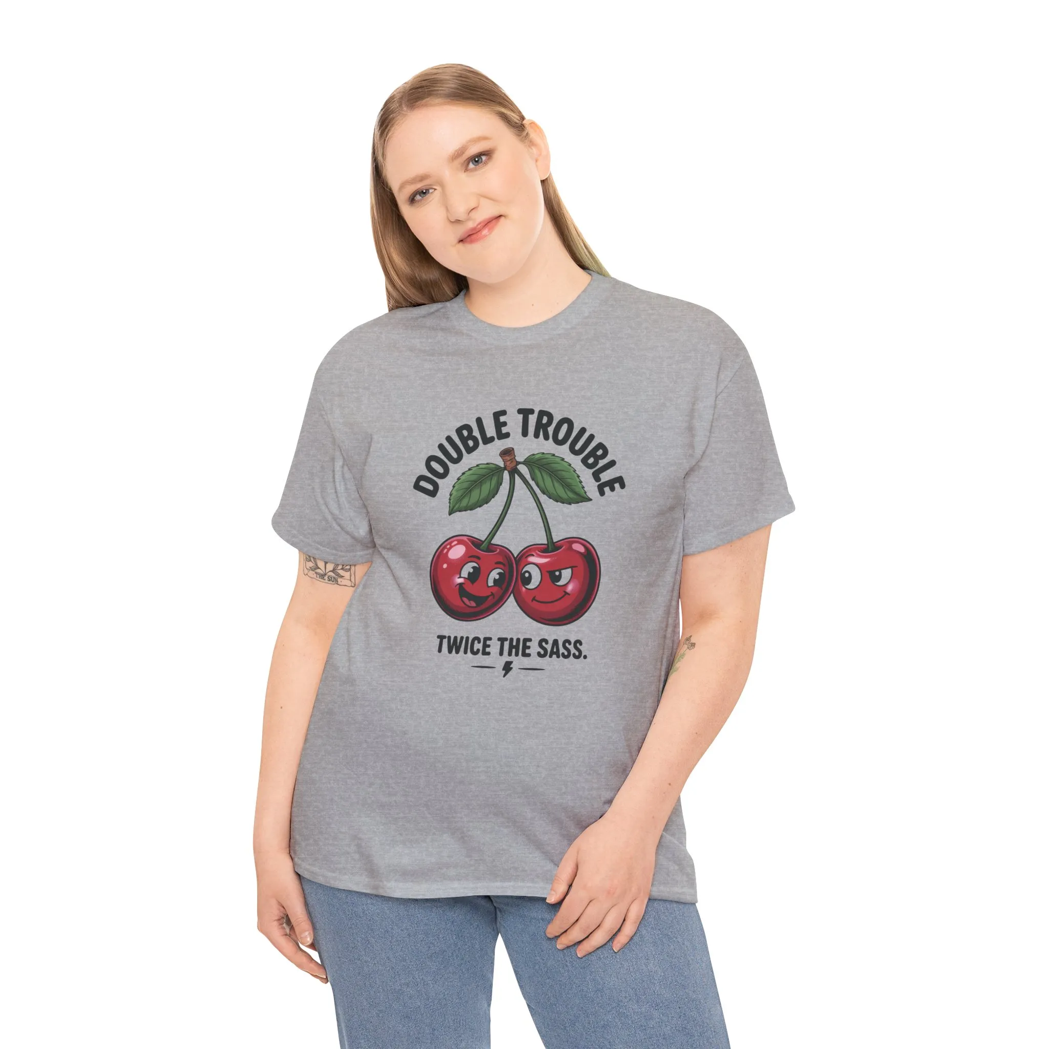 Double Trouble Cherry Graphic Tee, Funny Cute Womens T-Shirt, Twice the Sass Quote Shirt, Sassy Cherry Cartoon Gift - Image 9