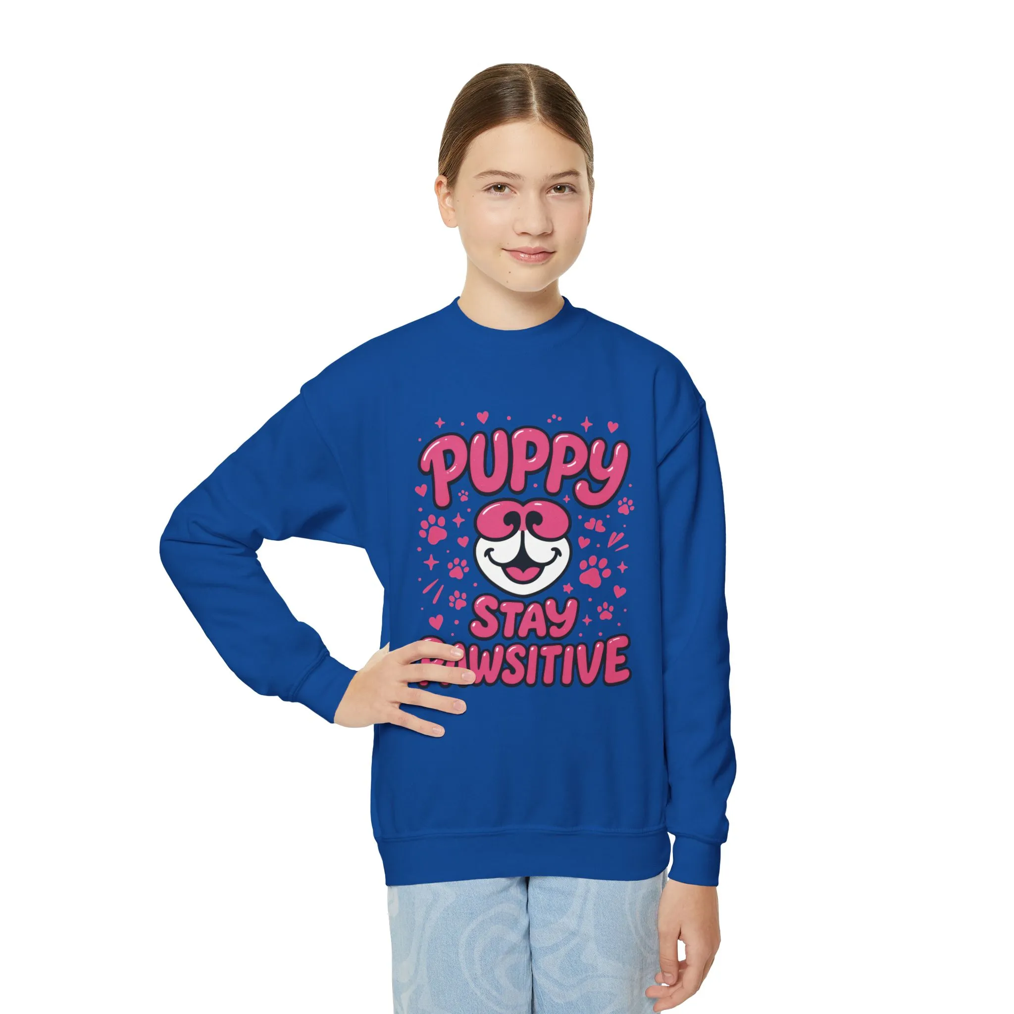 Youth Puppy Crewneck Sweatshirt - Stay Pawsitive Design, Cute Pet Apparel, Kids Sweatshirt, Animal Lover Gift, Cozy Winter Wear, Kids Gift - Image 12
