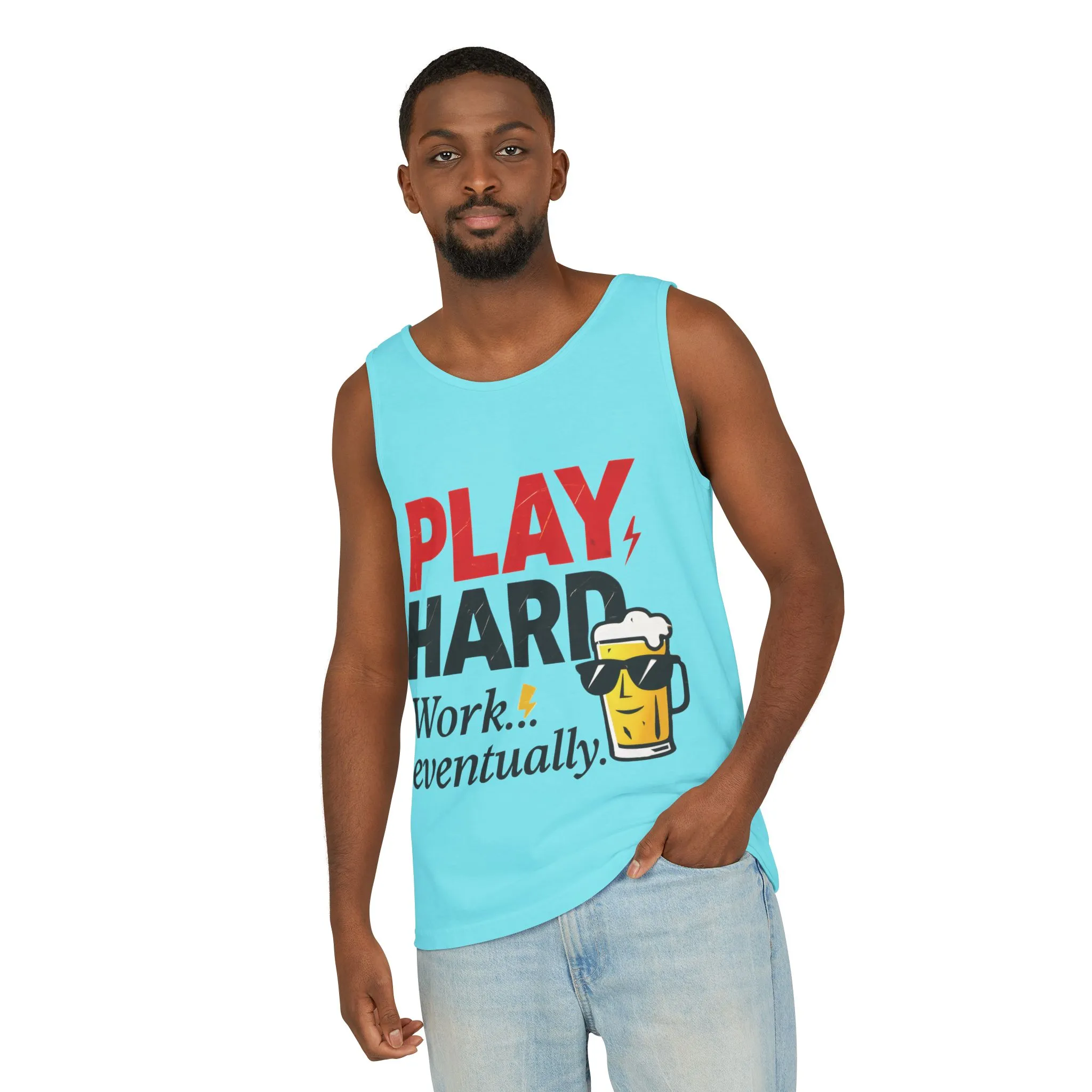 Casual Tank Top with Play Hard Print, Fun Summer Apparel, Gift for Dad or Friends, Beach Wear, Workout Top, Party Attire - Image 41