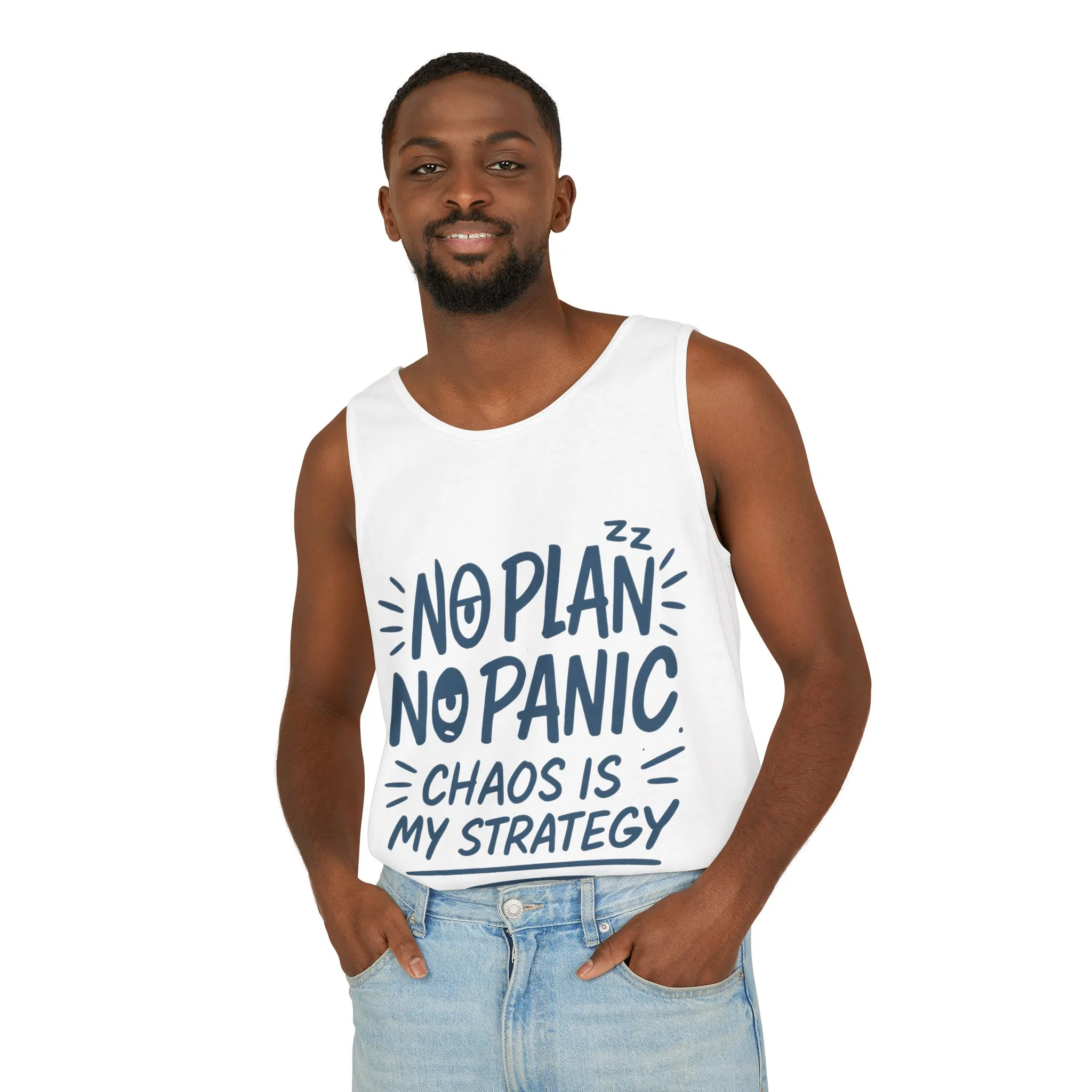 Funny Chaos Quote Mens Tank Top, No Plan No Panic Humor Shirt, Casual Graphic Tee Gift for Him, Relaxed Fit, Workout Gym Humor Shirt - Image 6