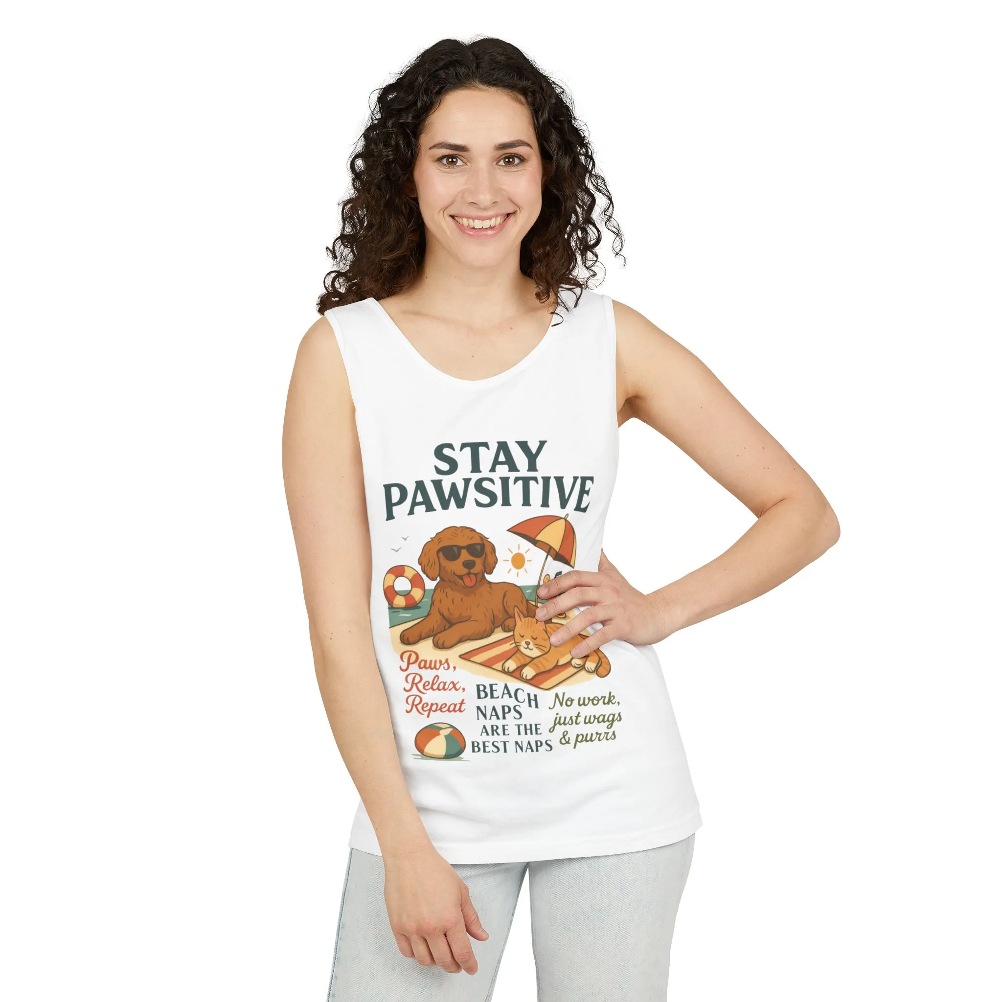 Stay Pawsitive Womens Tank, Cute Dog & Cat Beach Tee, Summer Pet Lover Tee, Animal Graphic Heavy Cotton Tee, Fun Pet Lovers Gift, Summer Top - Image 4