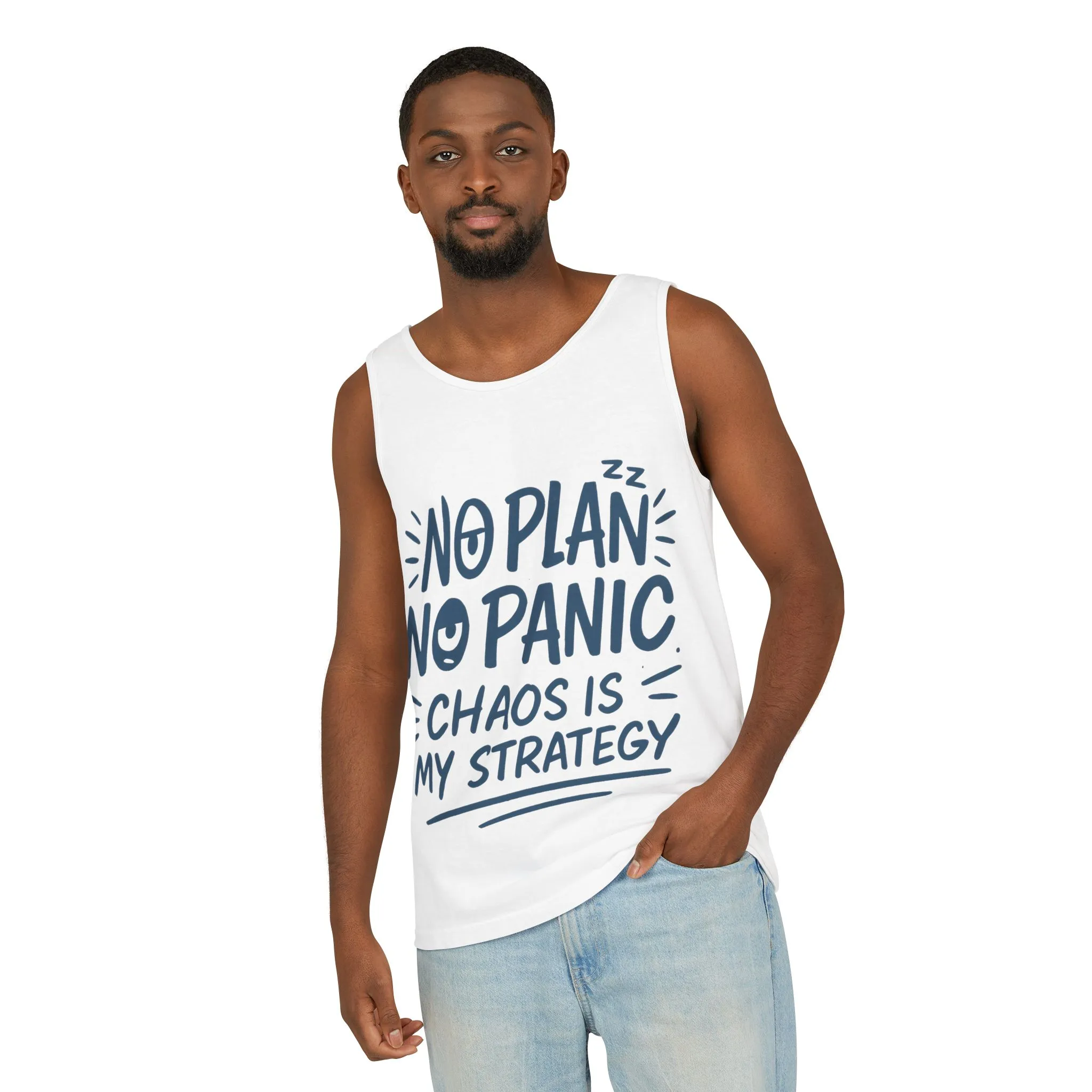 Funny Chaos Quote Mens Tank Top, No Plan No Panic Humor Shirt, Casual Graphic Tee Gift for Him, Relaxed Fit, Workout Gym Humor Shirt - Image 5