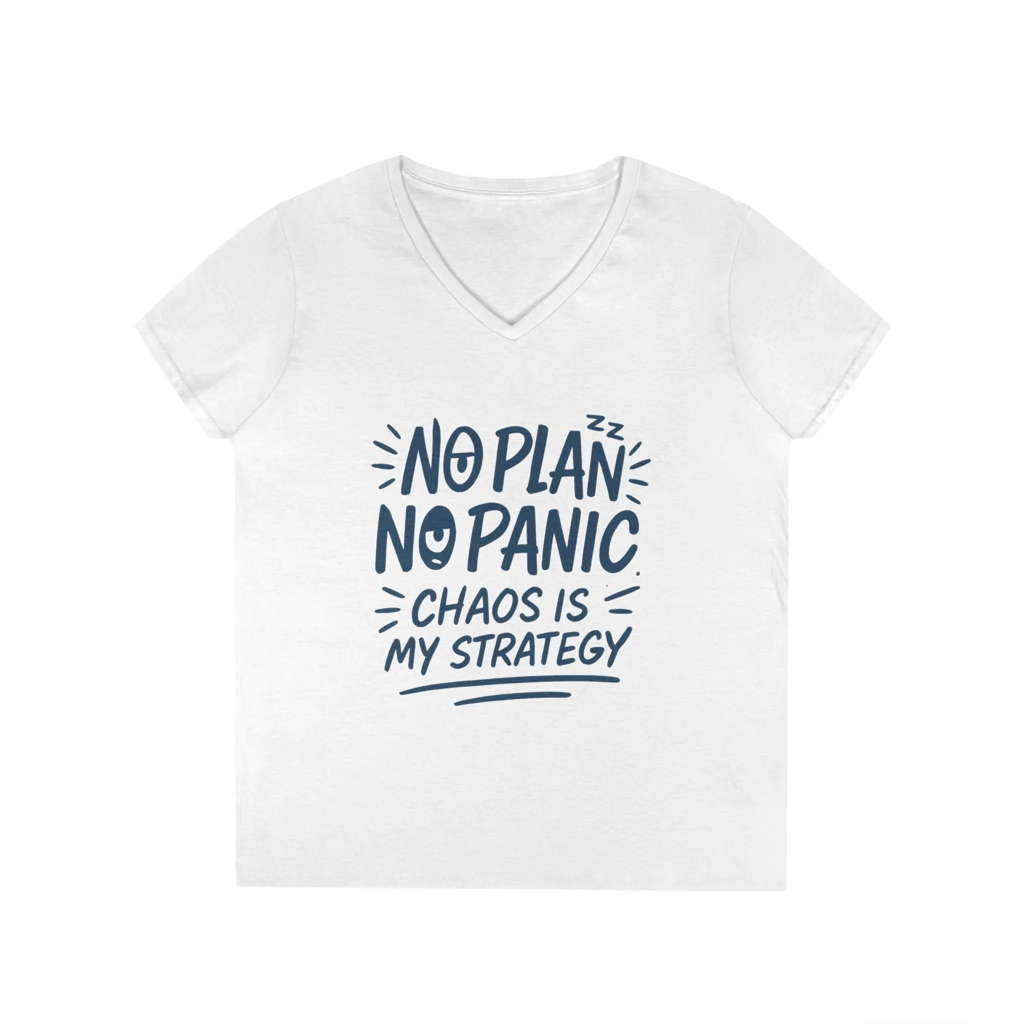 Ladies' V-Neck T-Shirt - "No Plan No Panic" Casual Tee, Everyday Wear, Gift for Friends, Relaxed Style, Funny Motivational Top - Image 3