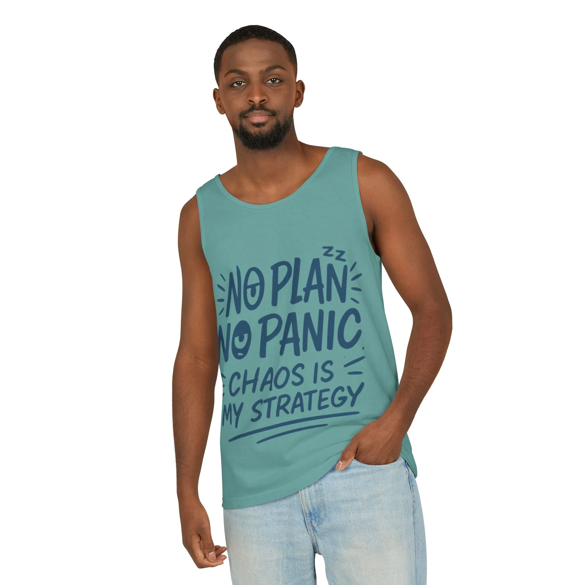 Funny Chaos Quote Mens Tank Top, No Plan No Panic Humor Shirt, Casual Graphic Tee Gift for Him, Relaxed Fit, Workout Gym Humor Shirt - Image 14