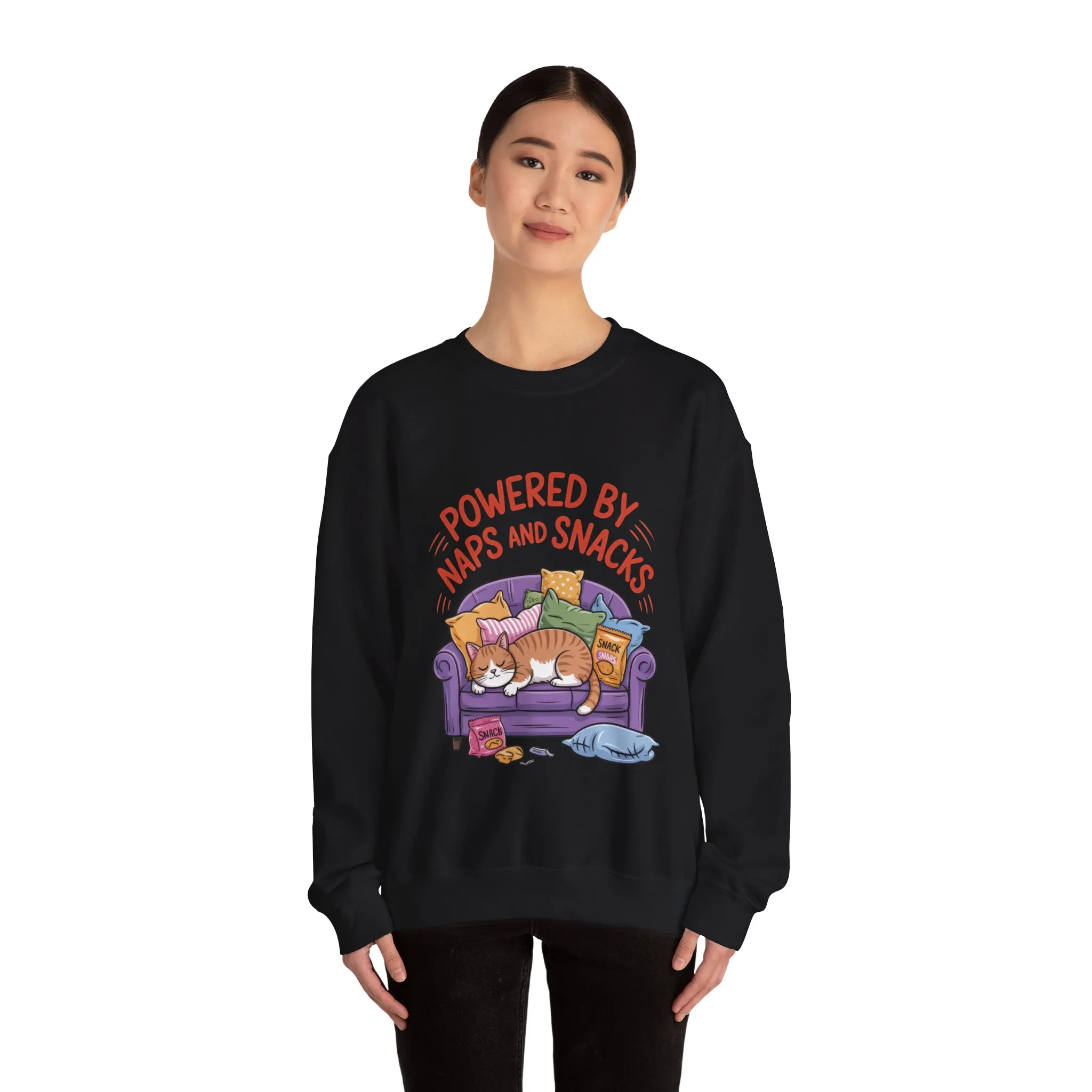 Powered by Naps and Snacks Sweatshirt, Cozy Lounge Crewneck, Gifts for Cat Lovers, Funny Cat Sweatshirt, Casual Everyday Wear - Image 8