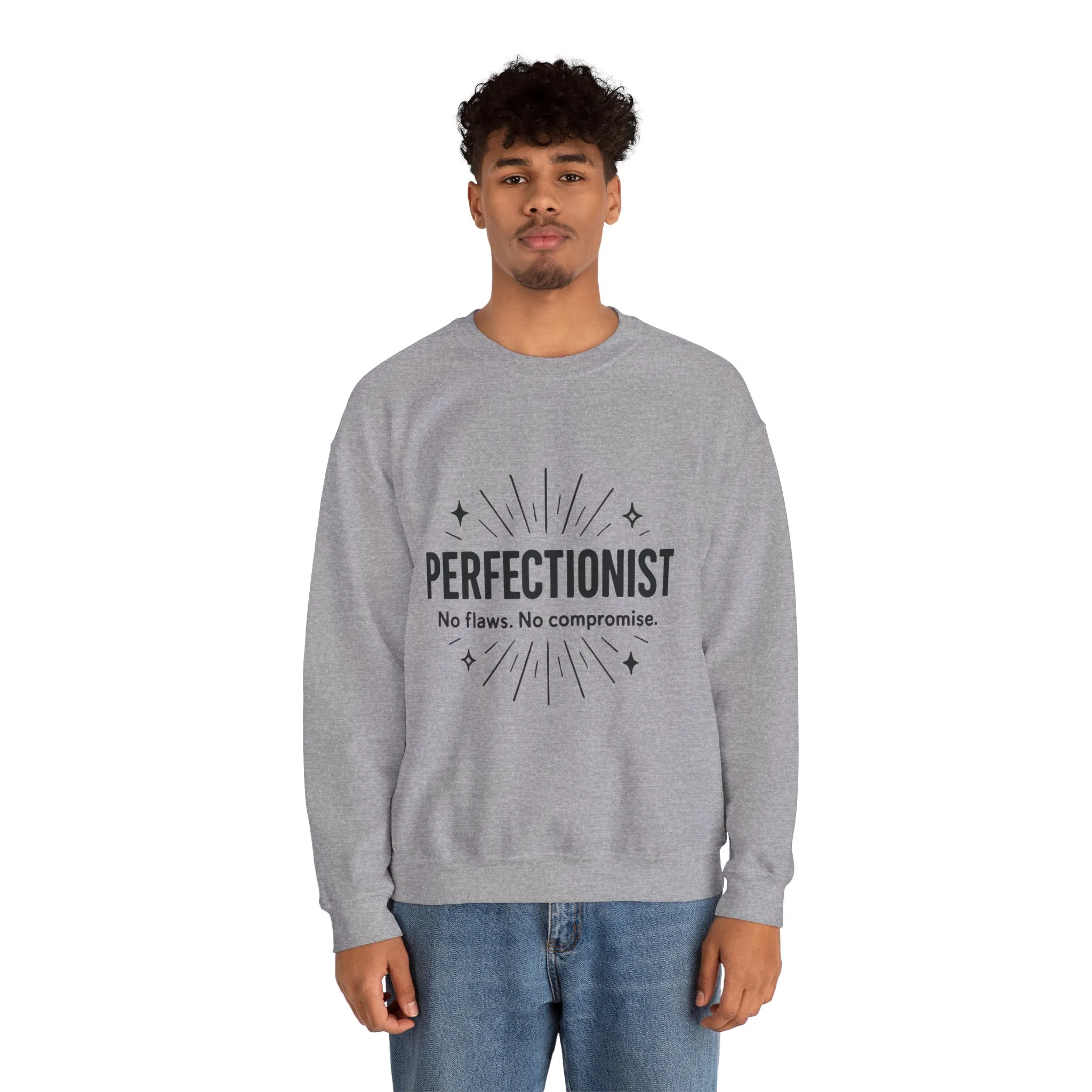 Men's Perfectionist Sweatshirt, Bold No Flaws No Compromise Design, Clean Look Funny Gift for Him, Minimal Black Graphic Pullover