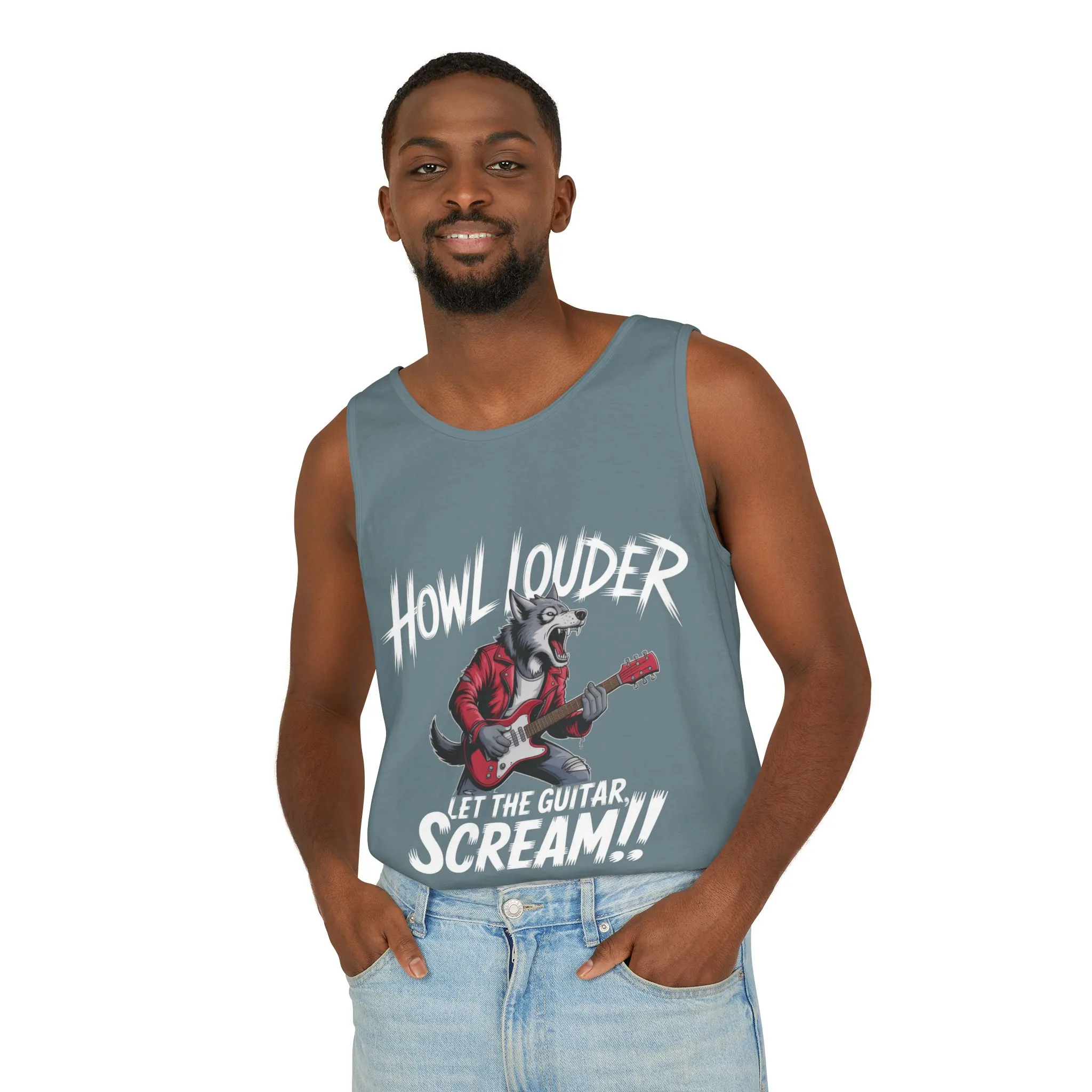 Howl Louder Wolf Tank Top, Mens Muscle Shirt, Rock Guitarist Graphic Sleeveless Tee, Wolf Workout Gym Tank, Music Lover Gift - Image 15