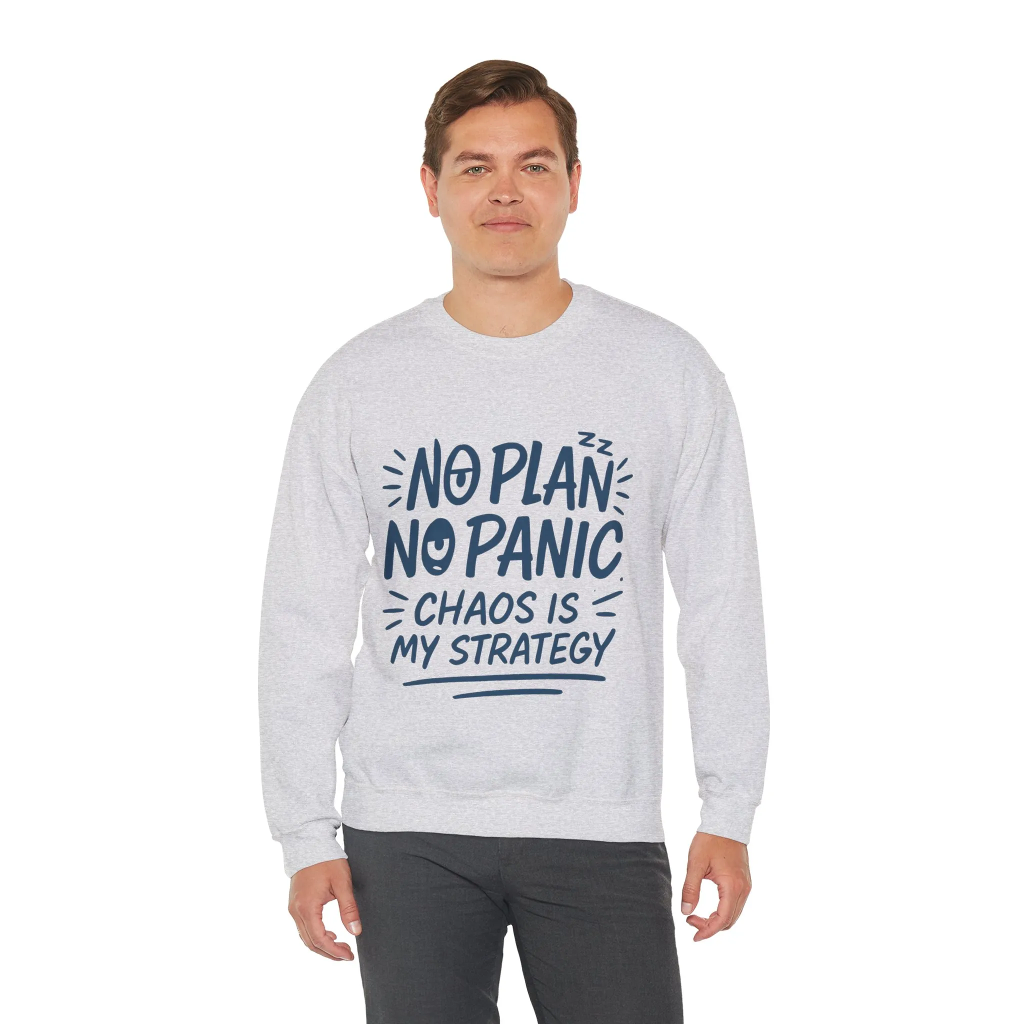 Funny Chaos Strategy Mens Sweatshirt, No Plan No Panic Quote, Cozy Relaxed Fit Pullover, Humorous Gift for Him, Unisex Style - Image 9