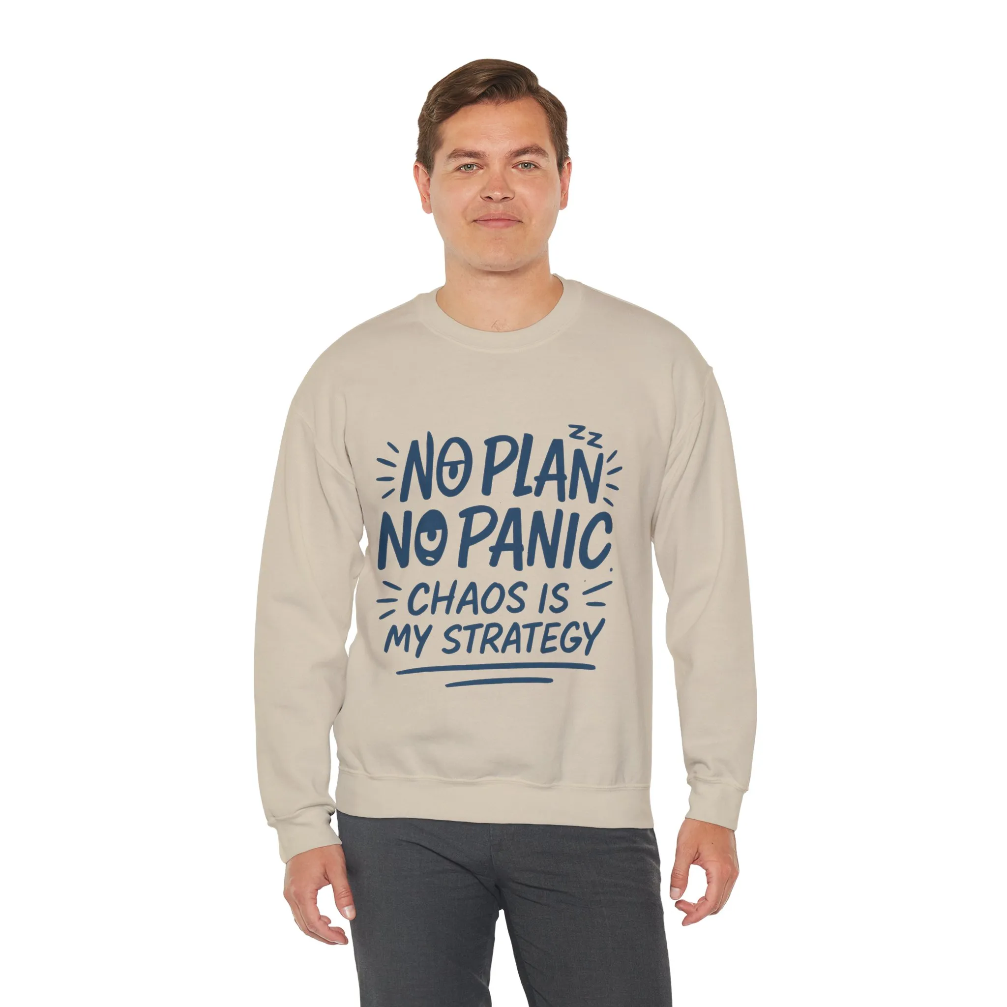 Funny Chaos Strategy Mens Sweatshirt, No Plan No Panic Quote, Cozy Relaxed Fit Pullover, Humorous Gift for Him, Unisex Style - Image 12