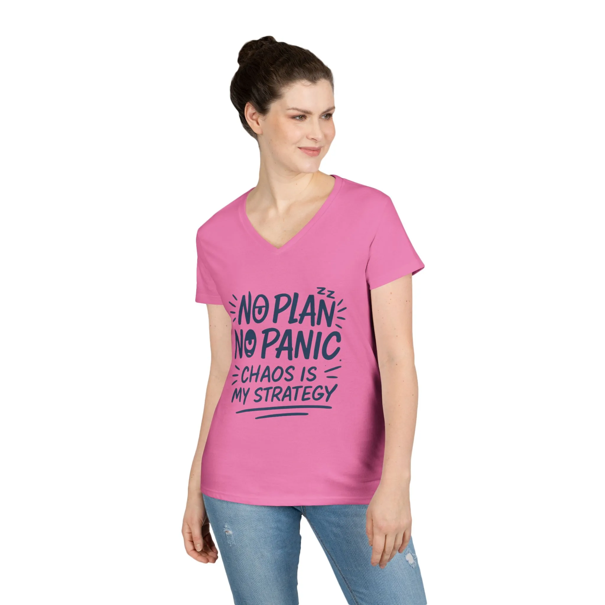 Ladies' V-Neck T-Shirt - "No Plan No Panic" Casual Tee, Everyday Wear, Gift for Friends, Relaxed Style, Funny Motivational Top - Image 14