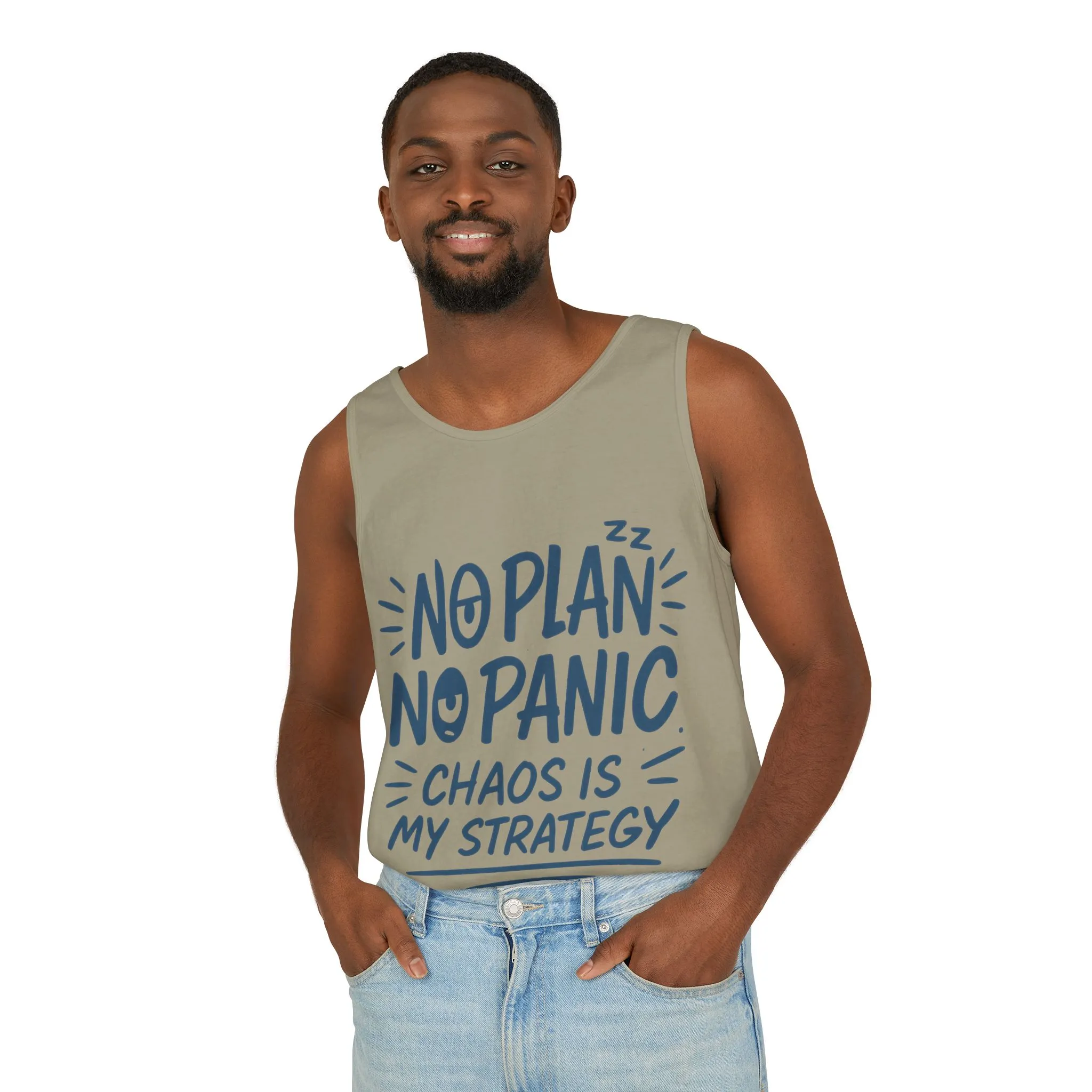 Funny Chaos Quote Mens Tank Top, No Plan No Panic Humor Shirt, Casual Graphic Tee Gift for Him, Relaxed Fit, Workout Gym Humor Shirt