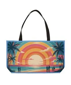 Retro Sunset Weekender Bag, Colorful Beach Tote, Large Palm Tree Travel Bag, Vintage Summer Vacation Gift, Retro Beach Bag