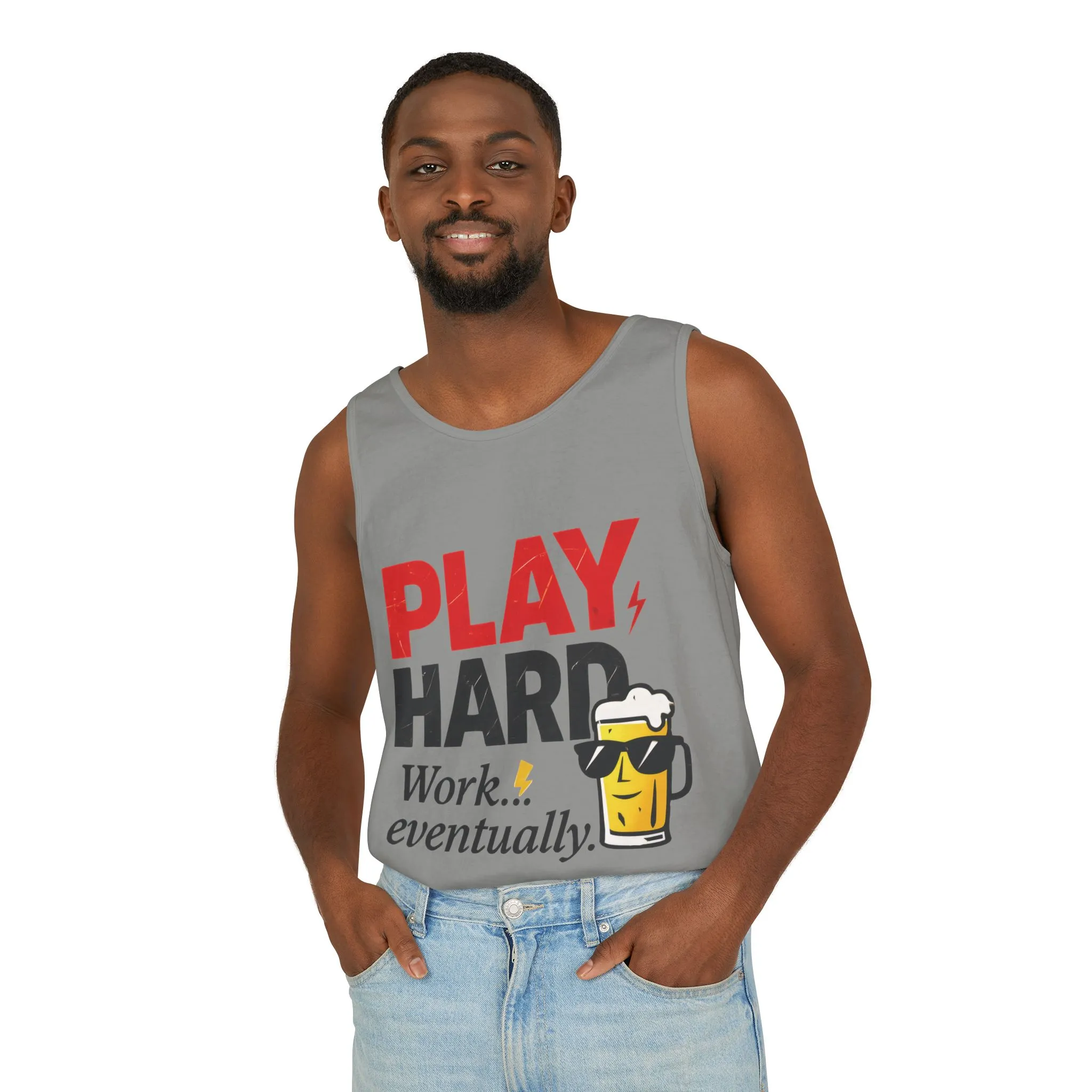 Casual Tank Top with Play Hard Print, Fun Summer Apparel, Gift for Dad or Friends, Beach Wear, Workout Top, Party Attire - Image 24