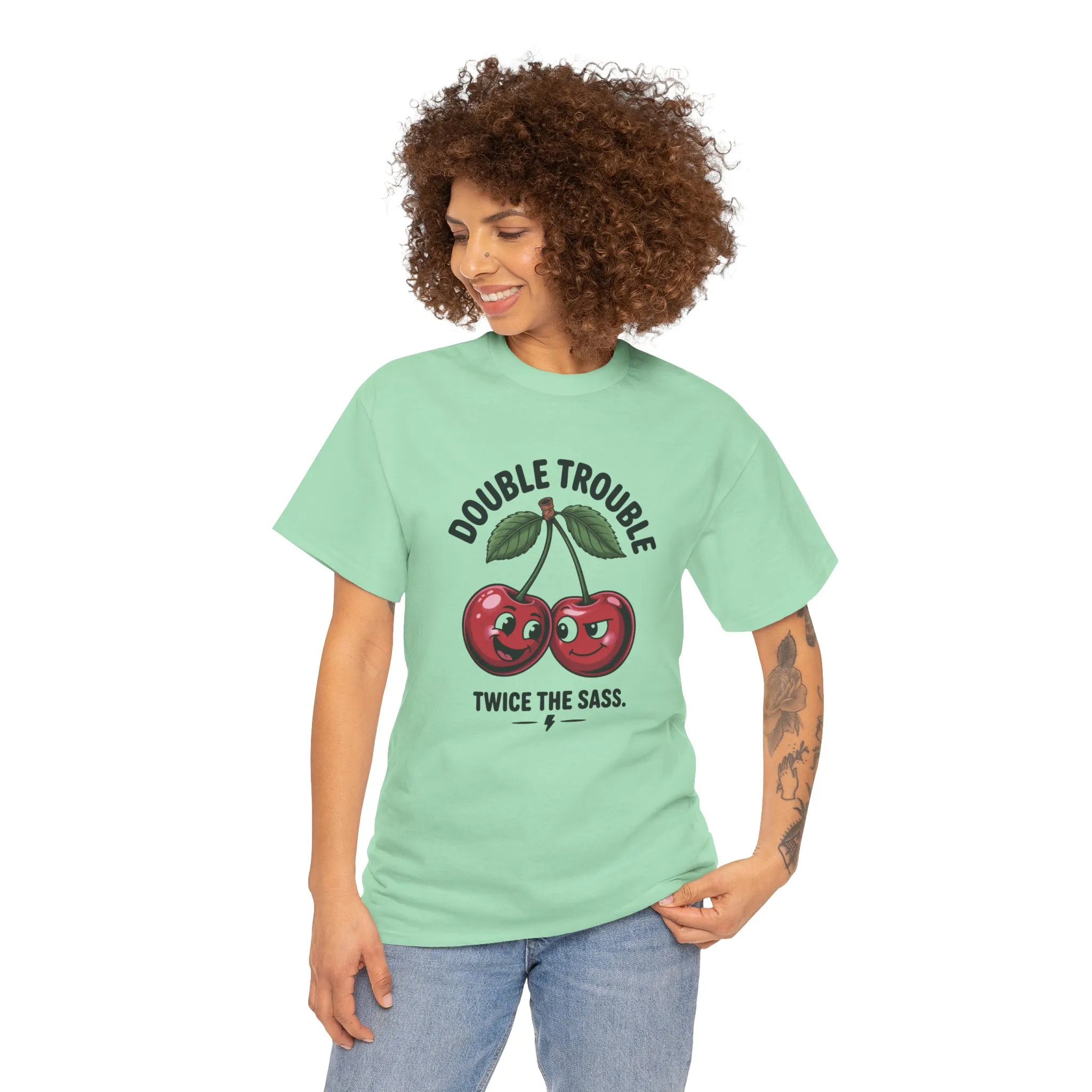 Double Trouble Cherry Graphic Tee, Funny Cute Womens T-Shirt, Twice the Sass Quote Shirt, Sassy Cherry Cartoon Gift - Image 14