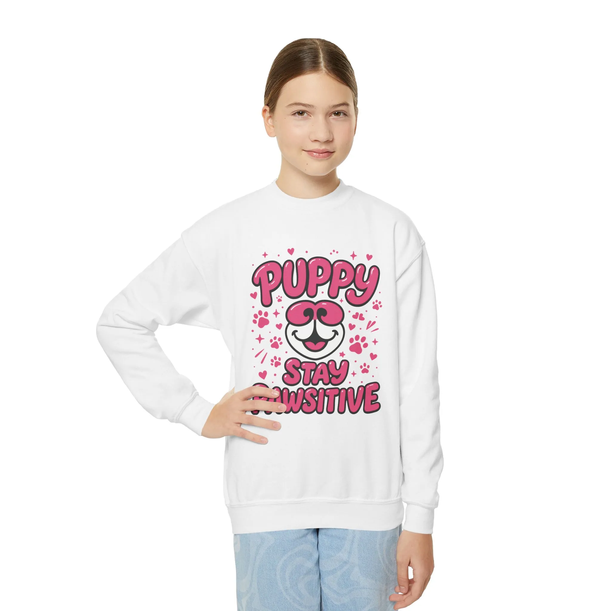 Youth Puppy Crewneck Sweatshirt - Stay Pawsitive Design, Cute Pet Apparel, Kids Sweatshirt, Animal Lover Gift, Cozy Winter Wear, Kids Gift - Image 4