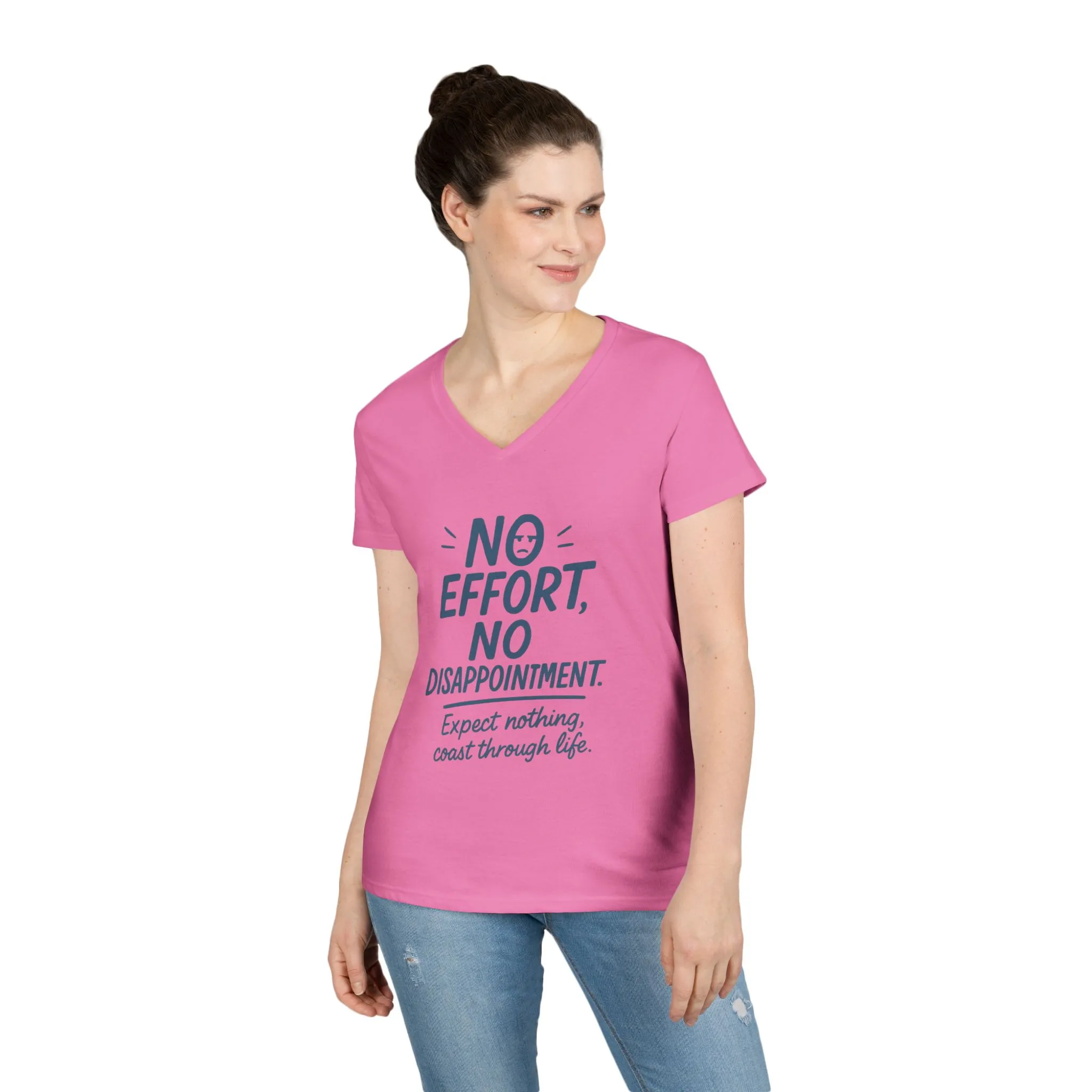 Funny No Effort Womens V-Neck T-Shirt, No Disappointment Lazy Life Quote Shirt, Cute Graphic Tee for Her, Life Philosophy Shirt