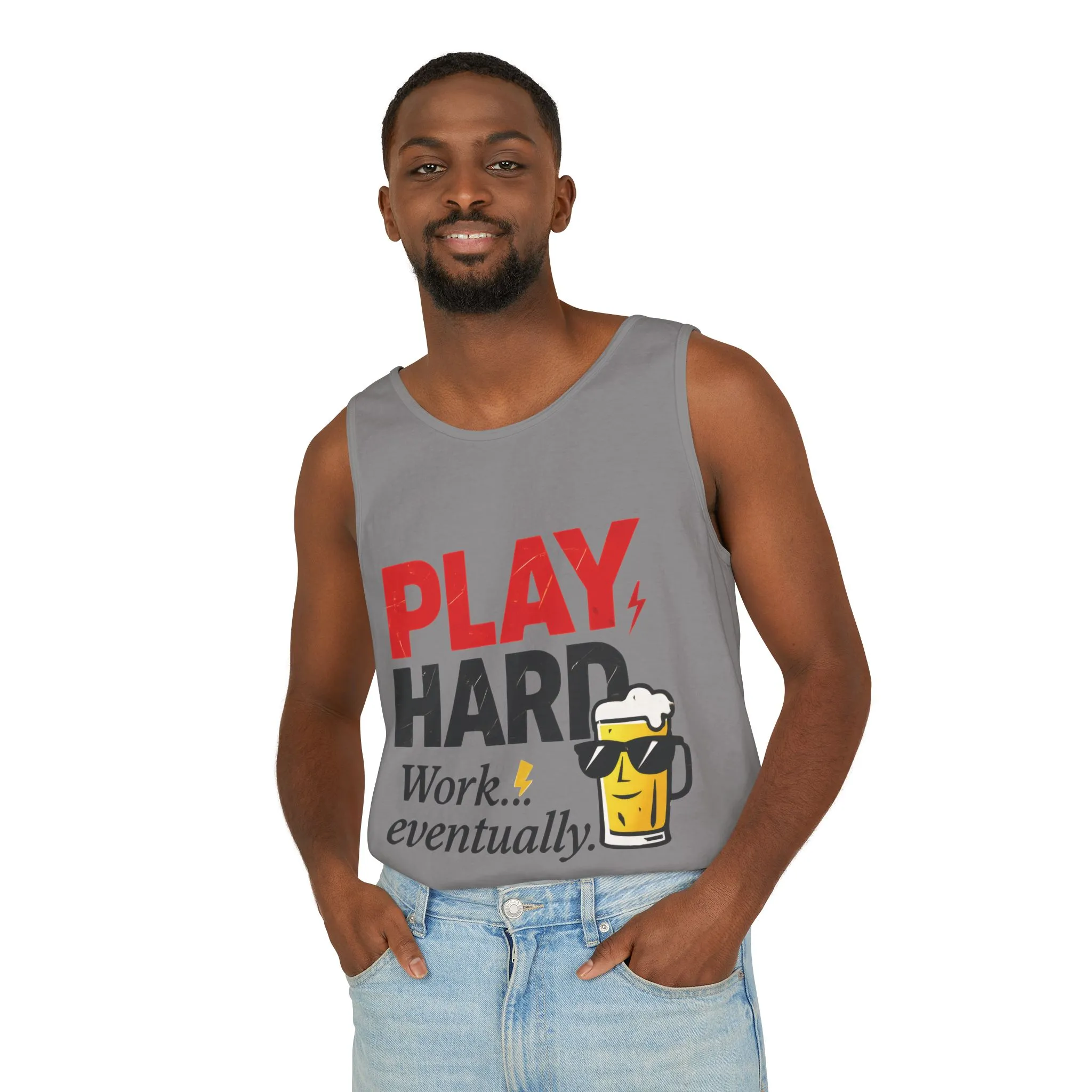 Casual Tank Top with Play Hard Print, Fun Summer Apparel, Gift for Dad or Friends, Beach Wear, Workout Top, Party Attire - Image 15