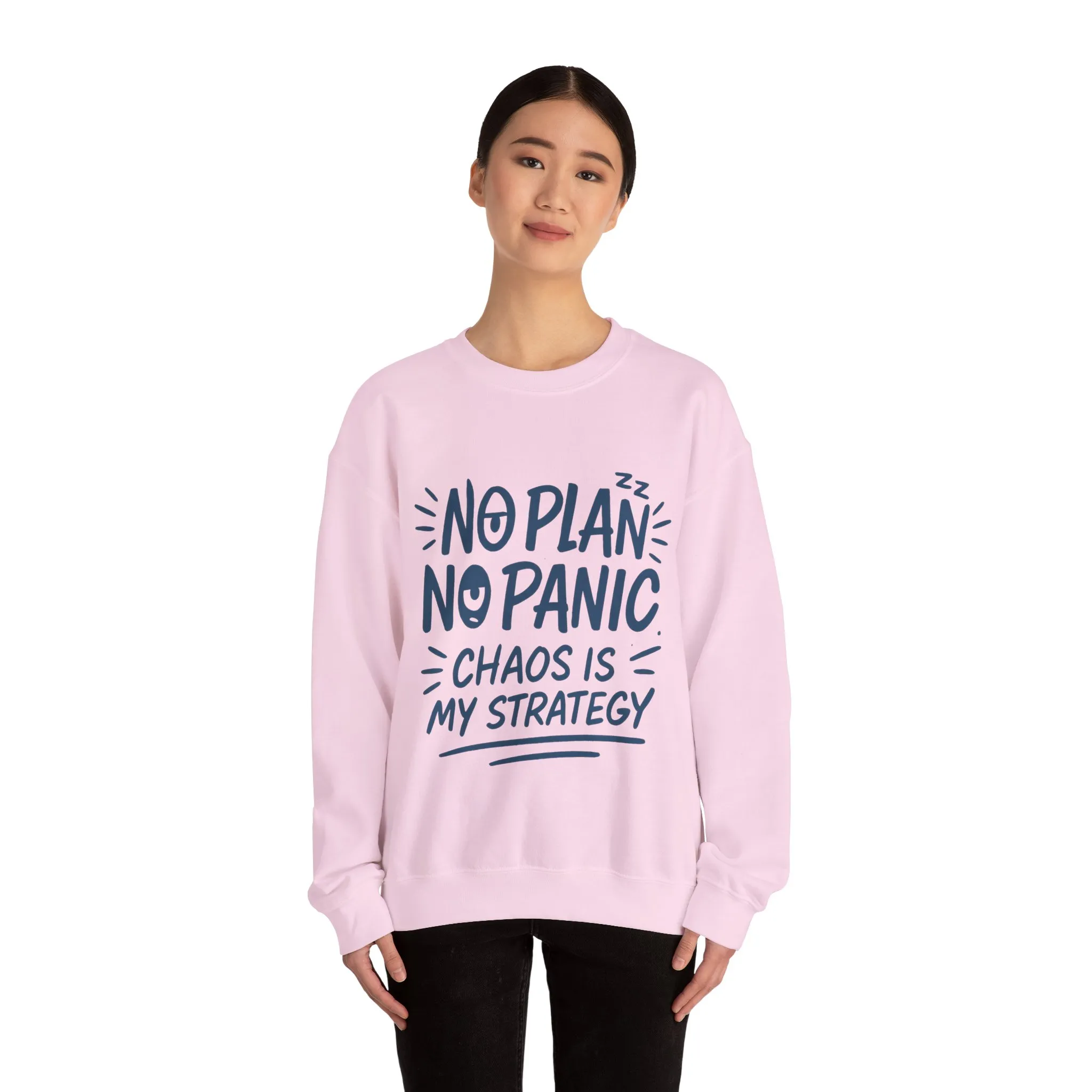 Funny Women's Crewneck Sweatshirt, Chaos Strategy Sweatshirt, No Plan No Panic, Cute Winter Layering for Women, Humorous Gift Idea - Image 23
