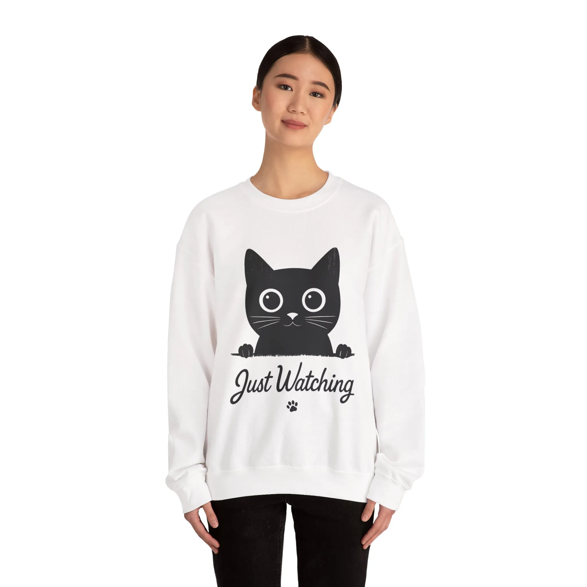 Funny Black Cat Womens Crewneck Sweatshirt - Just Watching Minimalist Kitty Pullover - Cozy Cat Lover Gift, Pet Owner Apparel