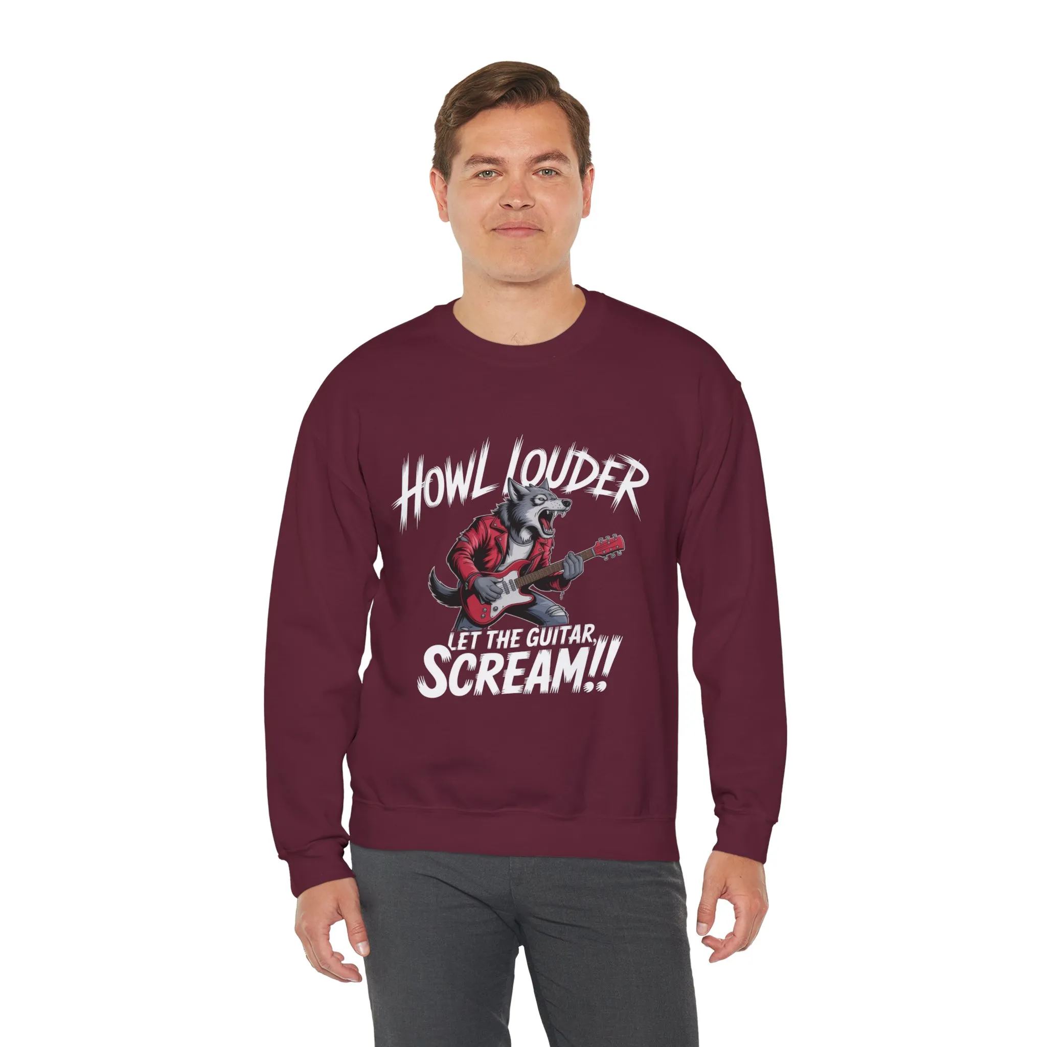 Howl Louder Wolf Sweatshirt, Let The Guitar Scream Pullover, Rock Guitar Animal Hoodie, Rocking Wolf Crewneck Sweatshirt, Music Lover Gift - Image 6