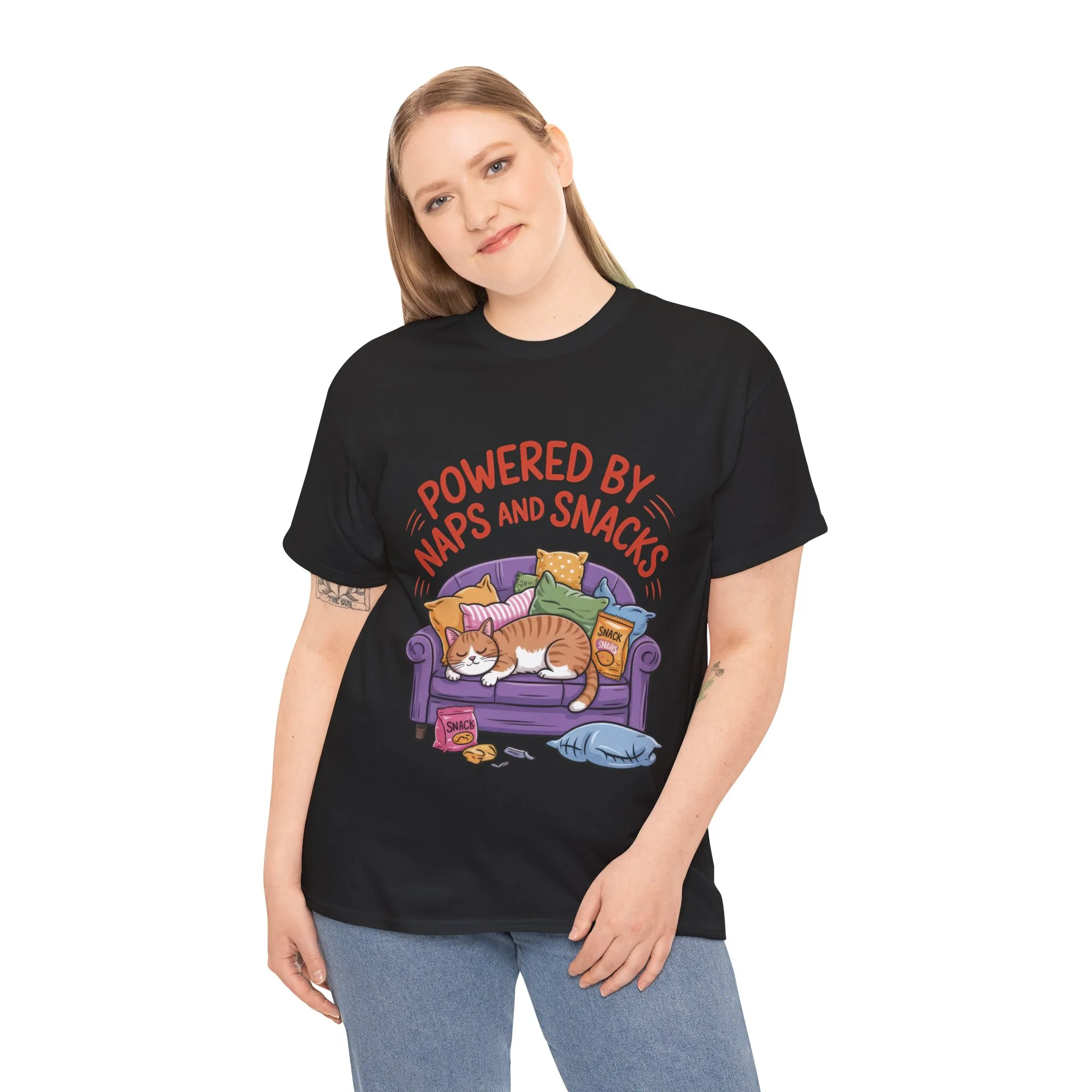 Powered by Naps and Snacks Cat T-Shirt, Funny Lazy Cat Lover Womens Tee, Cute Humor Shirt, Cozy Gift for Her, Cozy Cat Lover T-Shirt - Image 9