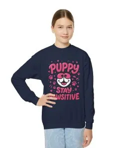 Youth Puppy Crewneck Sweatshirt - Stay Pawsitive Design, Cute Pet Apparel, Kids Sweatshirt, Animal Lover Gift, Cozy Winter Wear, Kids Gift
